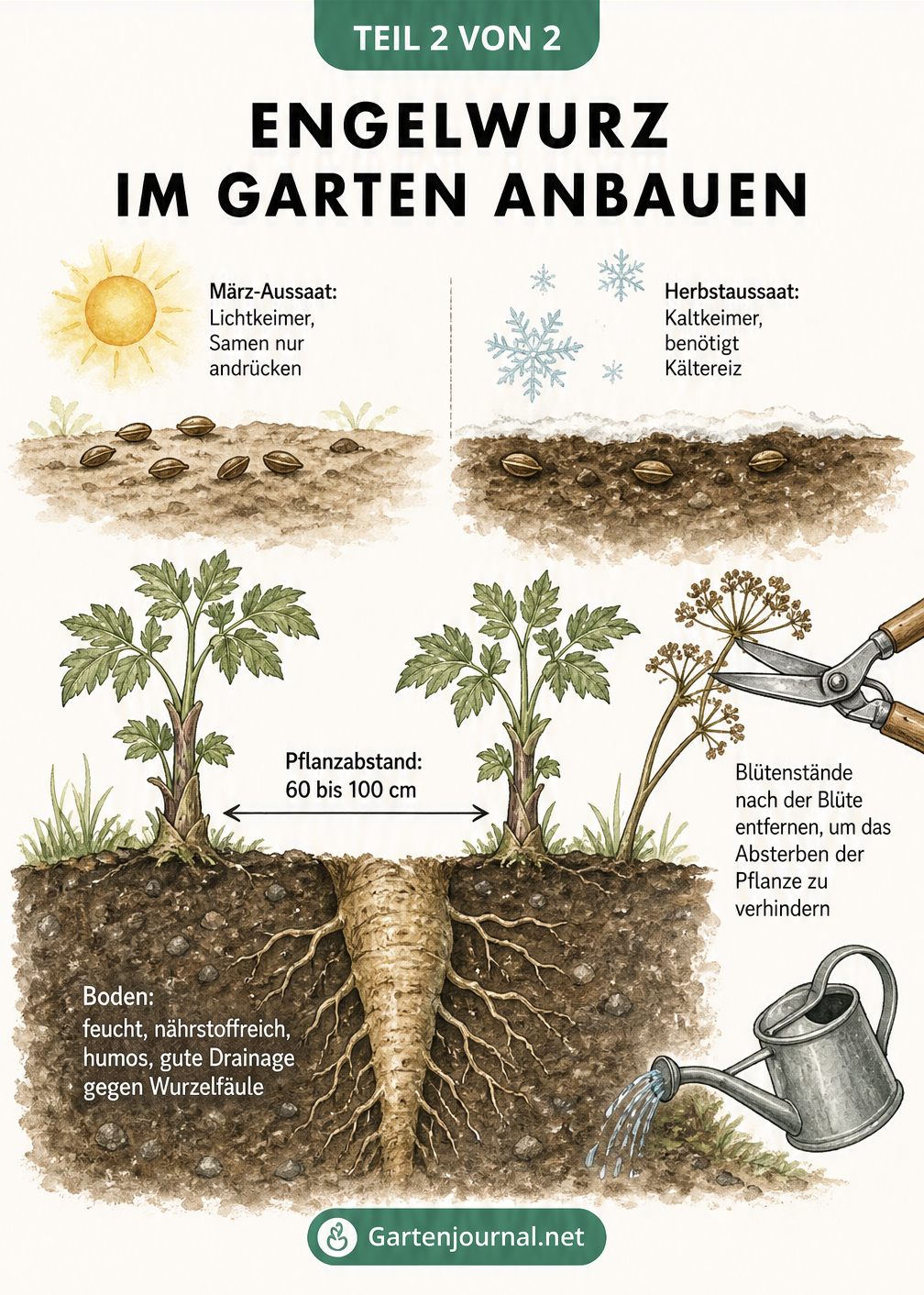 Querschnitt eines Gartenbeets mit Engelwurz, Pfahlwurzel, Aussaat-Tipps und Pflegehinweisen
