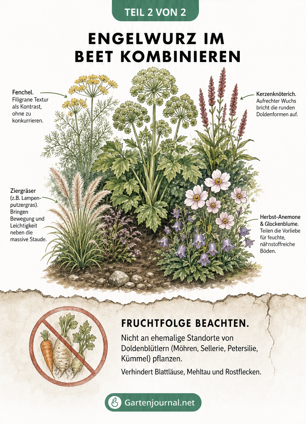 Isometrischer Pflanzplan für die Engelwurz mit passenden Begleitpflanzen wie Fenchel und Ziergräsern sowie Hinweisen zur Fruchtfolge
