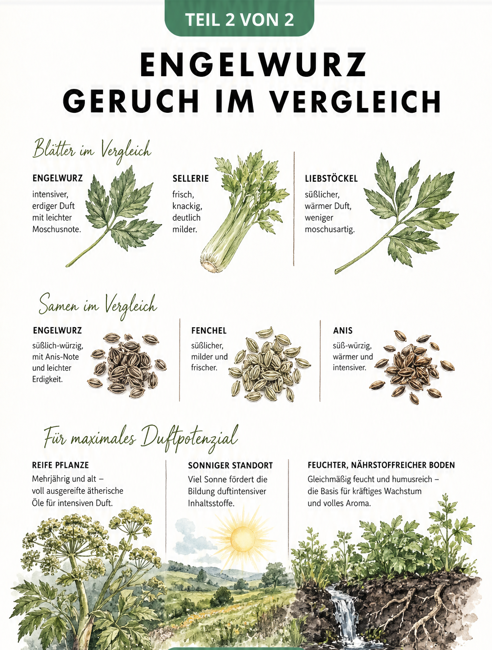 Vergleich des Engelwurz-Geruchs mit Sellerie, Liebstöckel und Fenchel sowie Darstellung der idealen Wachstumsbedingungen