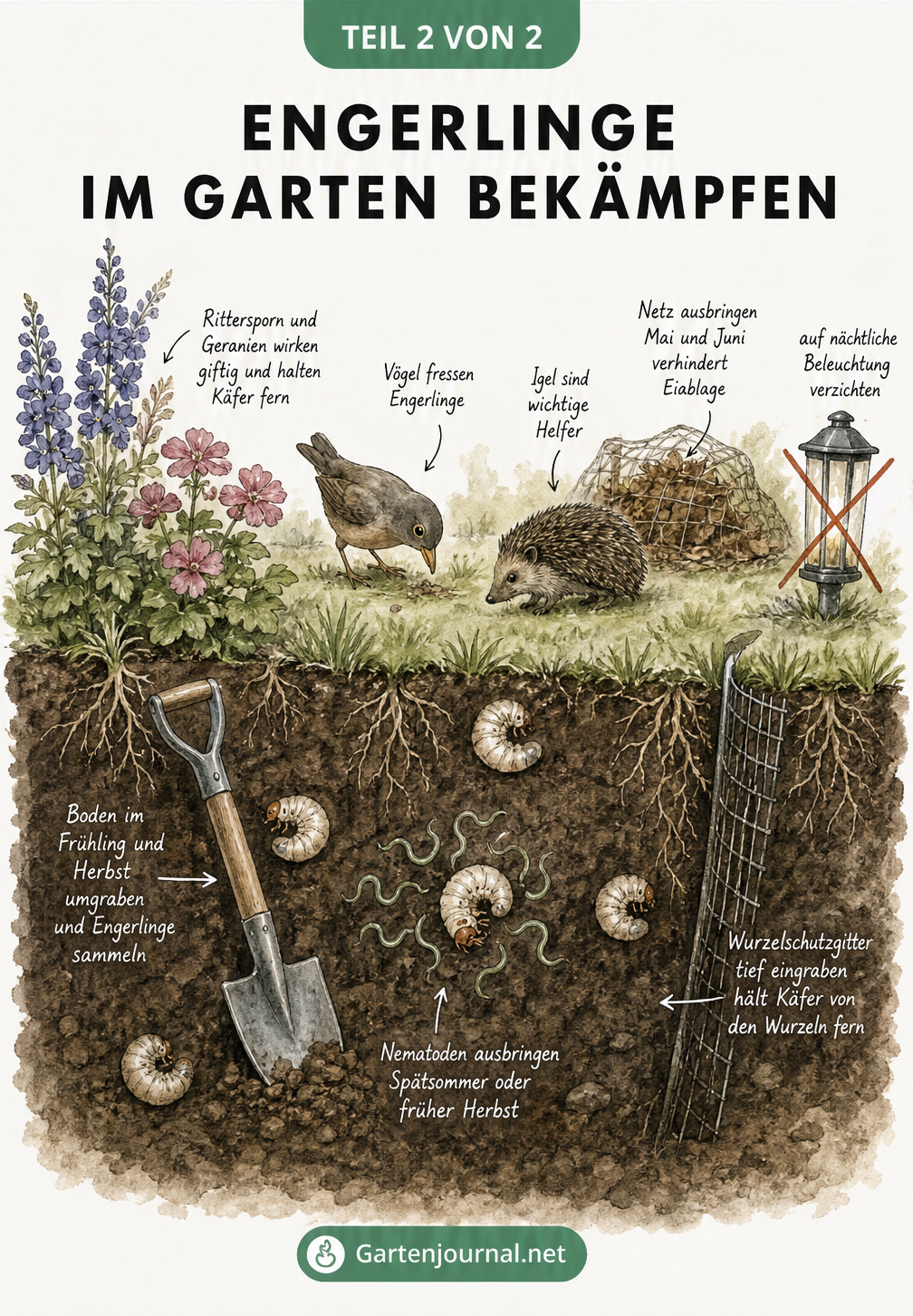 Querschnitt durch ein Gartenbeet, der natürliche Fressfeinde, Nematoden und andere Methoden zur Bekämpfung von Engerlingen zeigt.