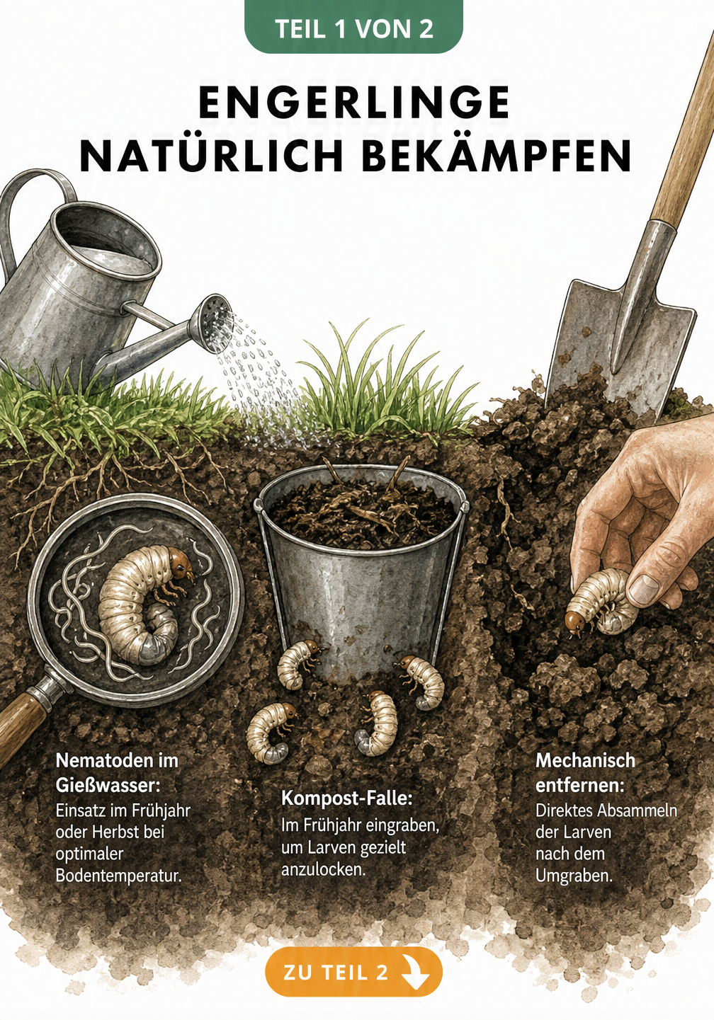 Bodenquerschnitt mit drei natürlichen Methoden zur Bekämpfung von Engerlingen: Nematoden im Gießwasser, Kompost-Falle und mechanisches Absammeln.