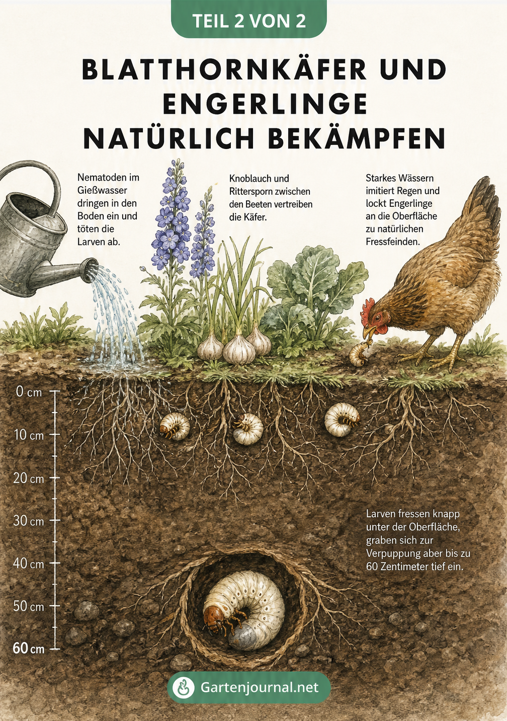 Querschnitt eines Gartenbeetes, der natürliche Bekämpfungsmethoden gegen Engerlinge wie Nematoden, starkes Wässern und abwehrende Pflanzen zeigt