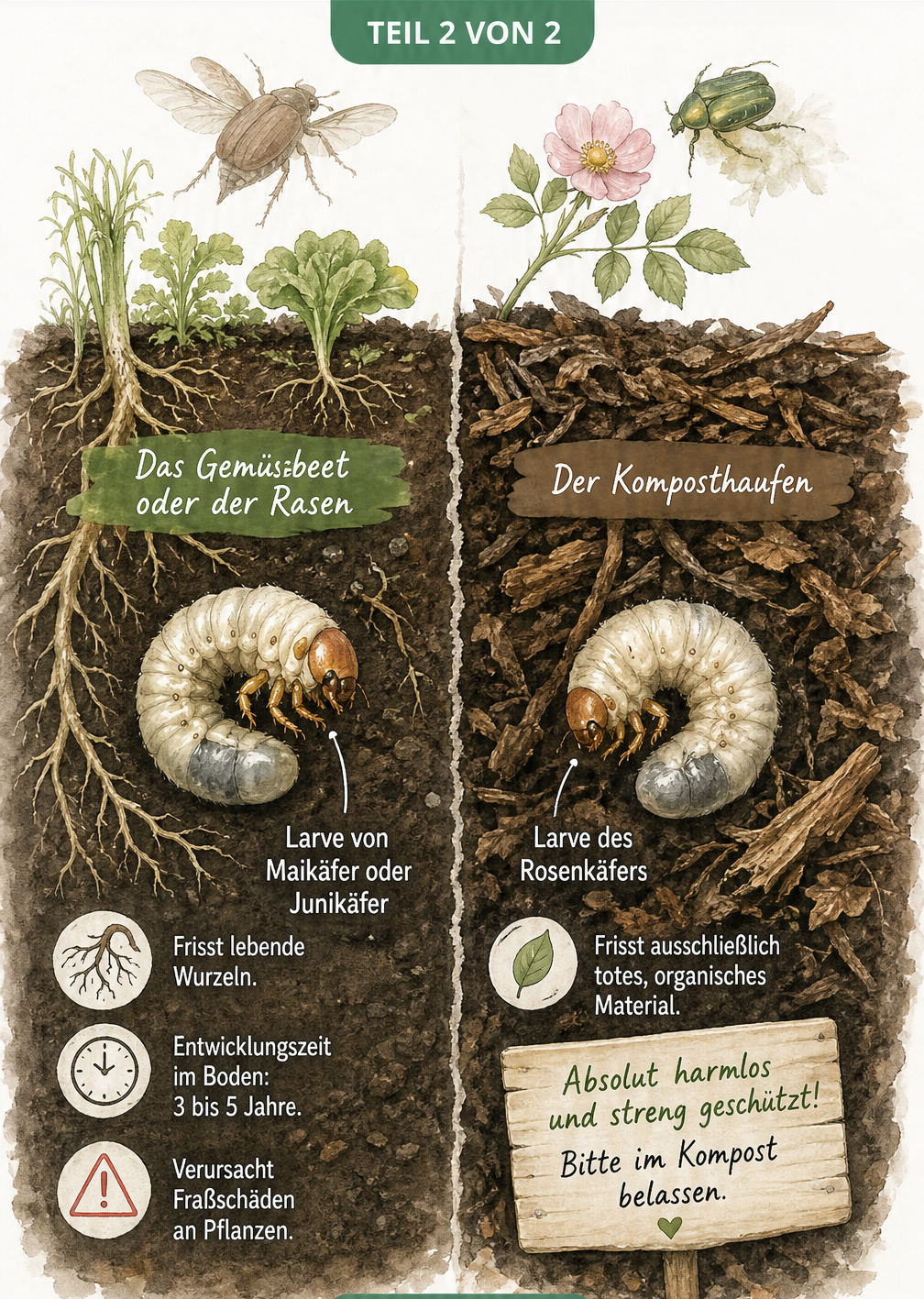 Unterscheidung der Larven von Maikäfer, Junikäfer und Rosenkäfer anhand von Fundort und Nahrung