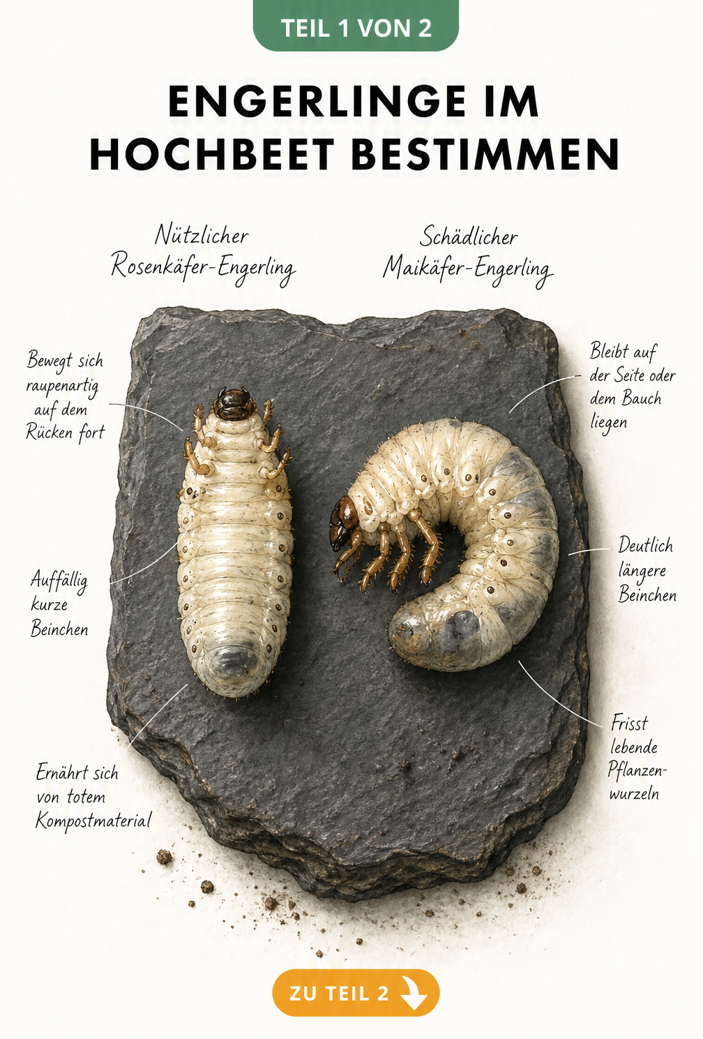Illustration zweier Engerlinge auf einer Schieferplatte: Links der nützliche Rosenkäfer-Engerling auf dem Rücken, rechts der schädliche Maikäfer-Engerling in...