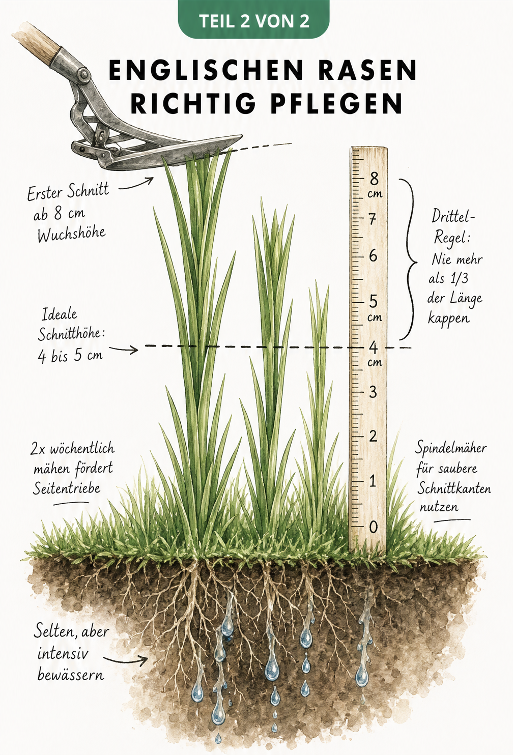 Nahaufnahme von drei Grashalmen mit einem Zollstock, der die ideale Schnitthöhe von 4 bis 5 cm und den ersten Schnitt bei 8 cm markiert.