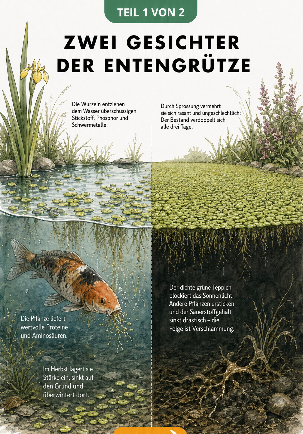 Querschnitt eines Gartenteichs mit Entengrütze: Links ein intaktes Ökosystem mit Karpfen und klarem Wasser, rechts ein gekippter Teich mit dichtem...