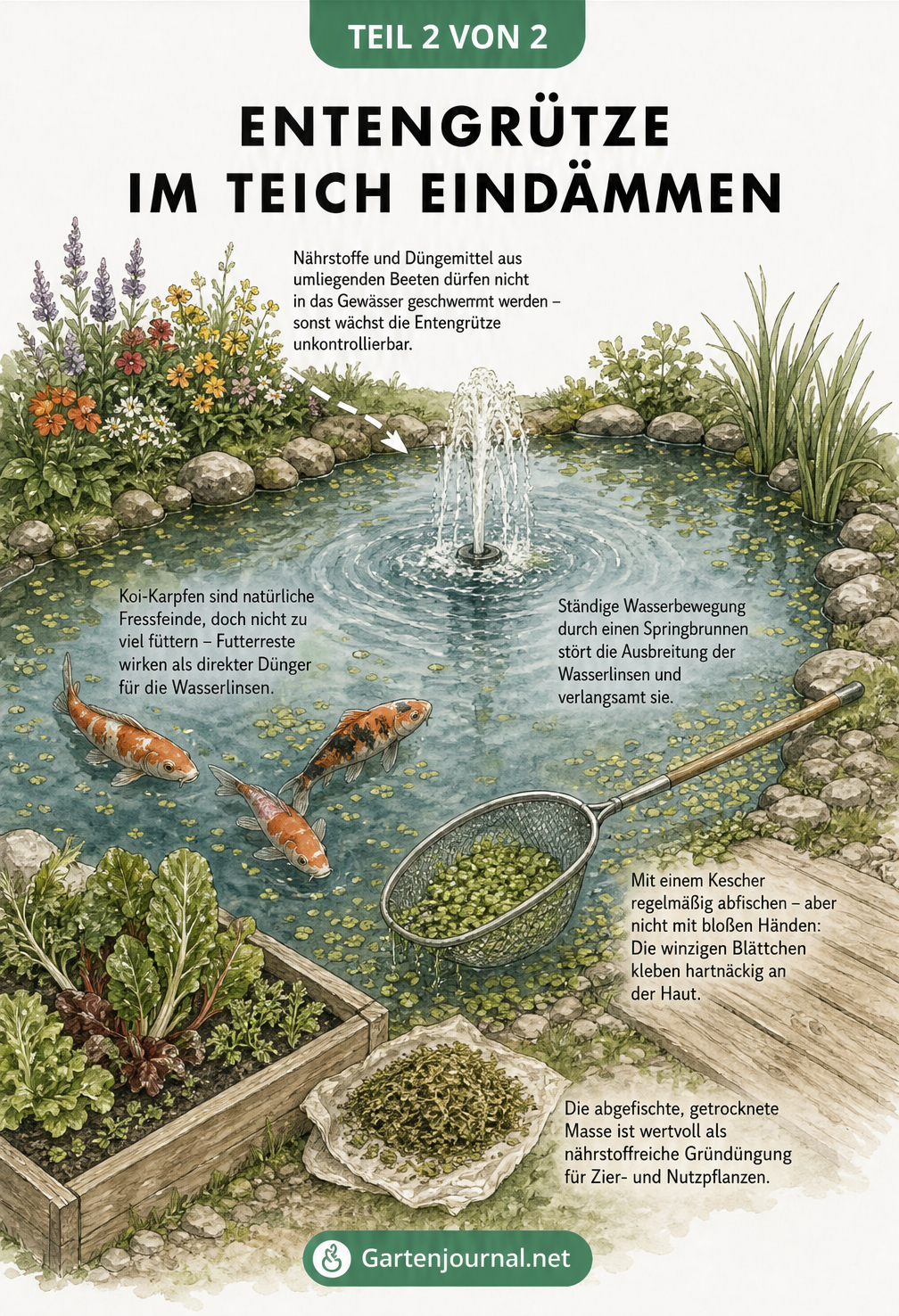 Isometrische Zeichnung eines Gartenteichs mit Maßnahmen gegen Entengrütze: Springbrunnen, Abfischen mit Kescher, Koi-Karpfen als Fressfeinde und Vermeidung von...