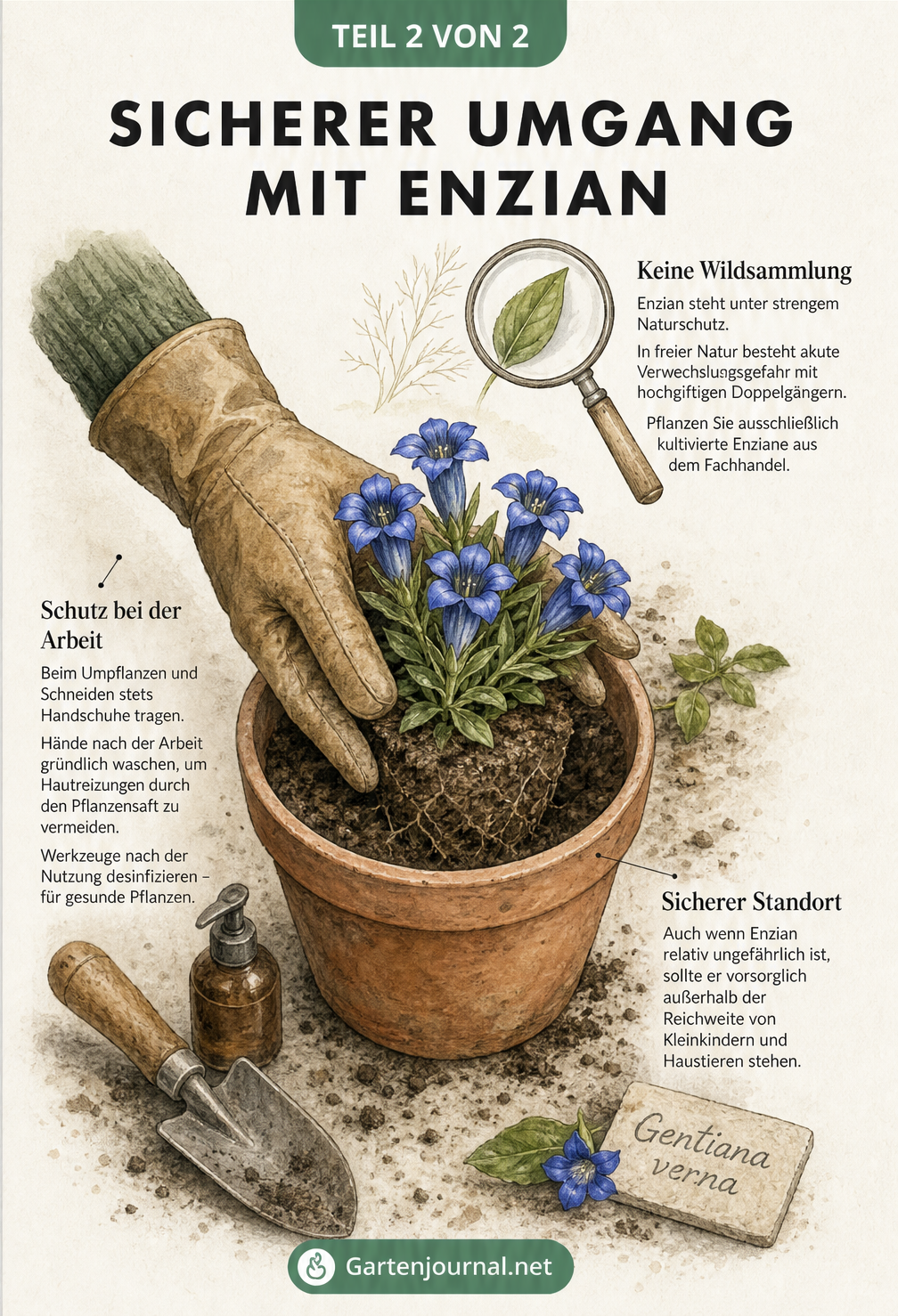 Illustration einer Gärtnerhand mit Handschuh beim Einpflanzen eines Frühlings-Enzians in einen Terrakotta-Topf