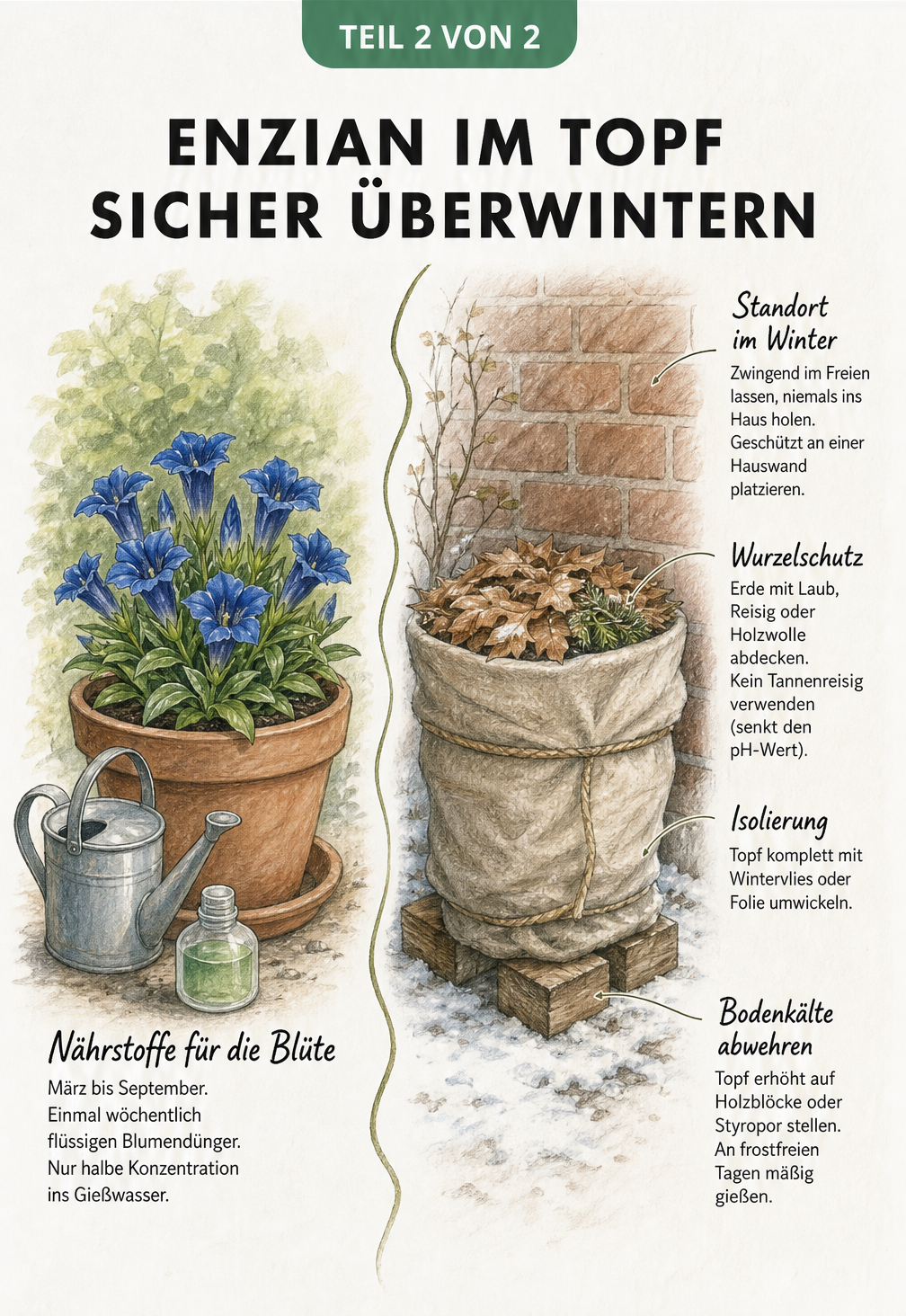Zweigeteilte Illustration: Links blühender Enzian im Sommer mit Dünger-Tipps, rechts winterfest eingepackter Topf mit Wurzelschutz und Isolierung.