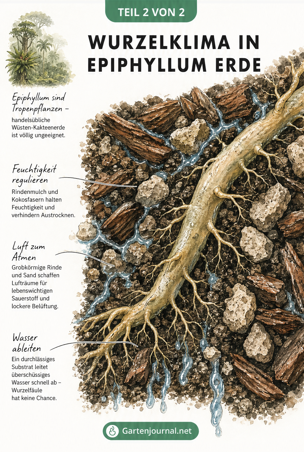 Makro-Ansicht von Epiphyllum-Wurzeln in Erde, die Feuchtigkeitsregulierung, Sauerstoffzufuhr und Wasserableitung durch Rindenmulch und Sand visualisiert.