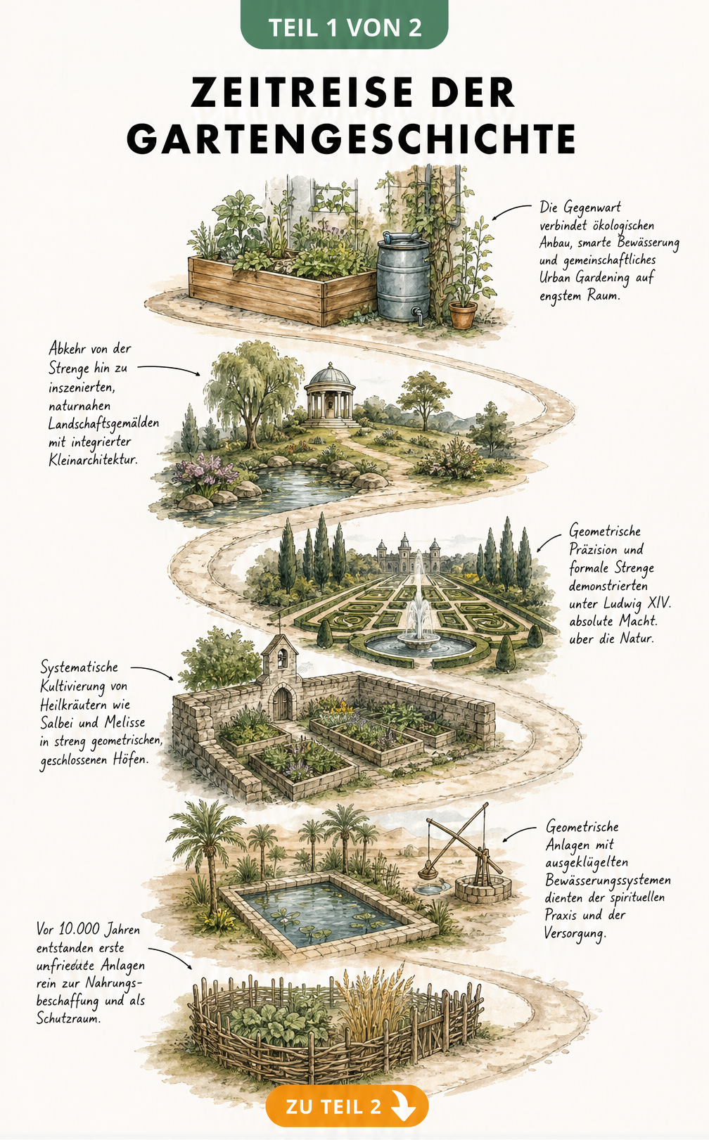 Illustration eines geschwungenen Gartenwegs, der sechs Epochen der Gartengeschichte vom Neolithikum bis zum modernen Urban Gardening zeigt.