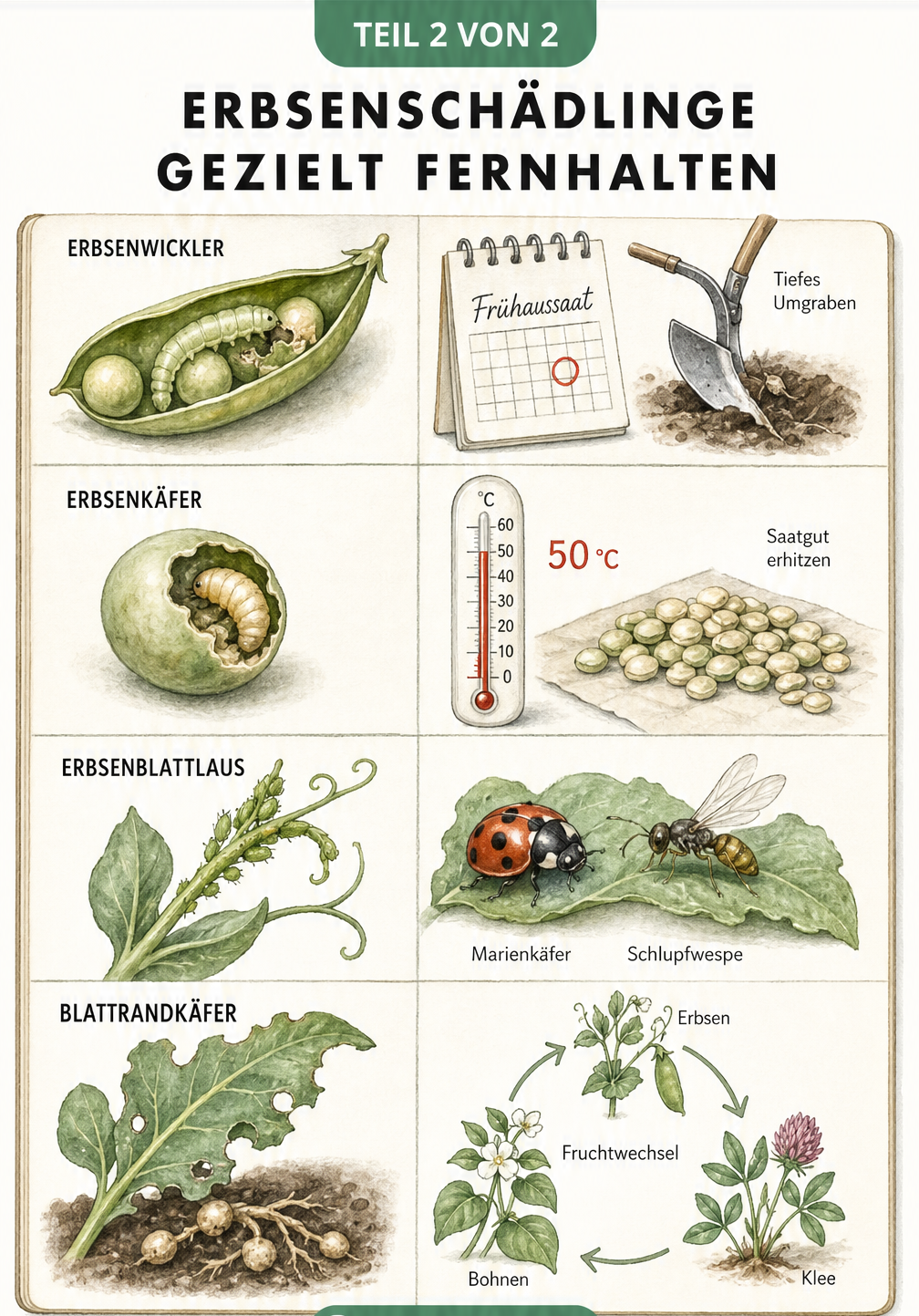Illustration von Erbsenschädlingen wie Erbsenwickler, Erbsenkäfer, Erbsenblattlaus und Blattrandkäfer mit passenden Gegenmaßnahmen wie Frühaussaat und...