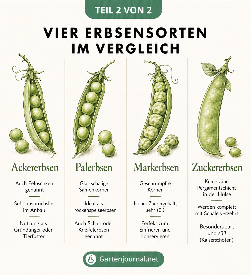 Vergleich von vier Erbsensorten: Ackererbsen, Palerbsen, Markerbsen und Zuckererbsen mit Schoten und Samen