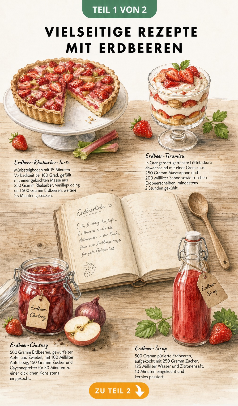 Illustration einer Erdbeer-Rhabarber-Torte, Erdbeer-Tiramisu, Erdbeer-Chutney und Erdbeersirup mit Rezeptangaben auf einer rustikalen Holzarbeitsplatte