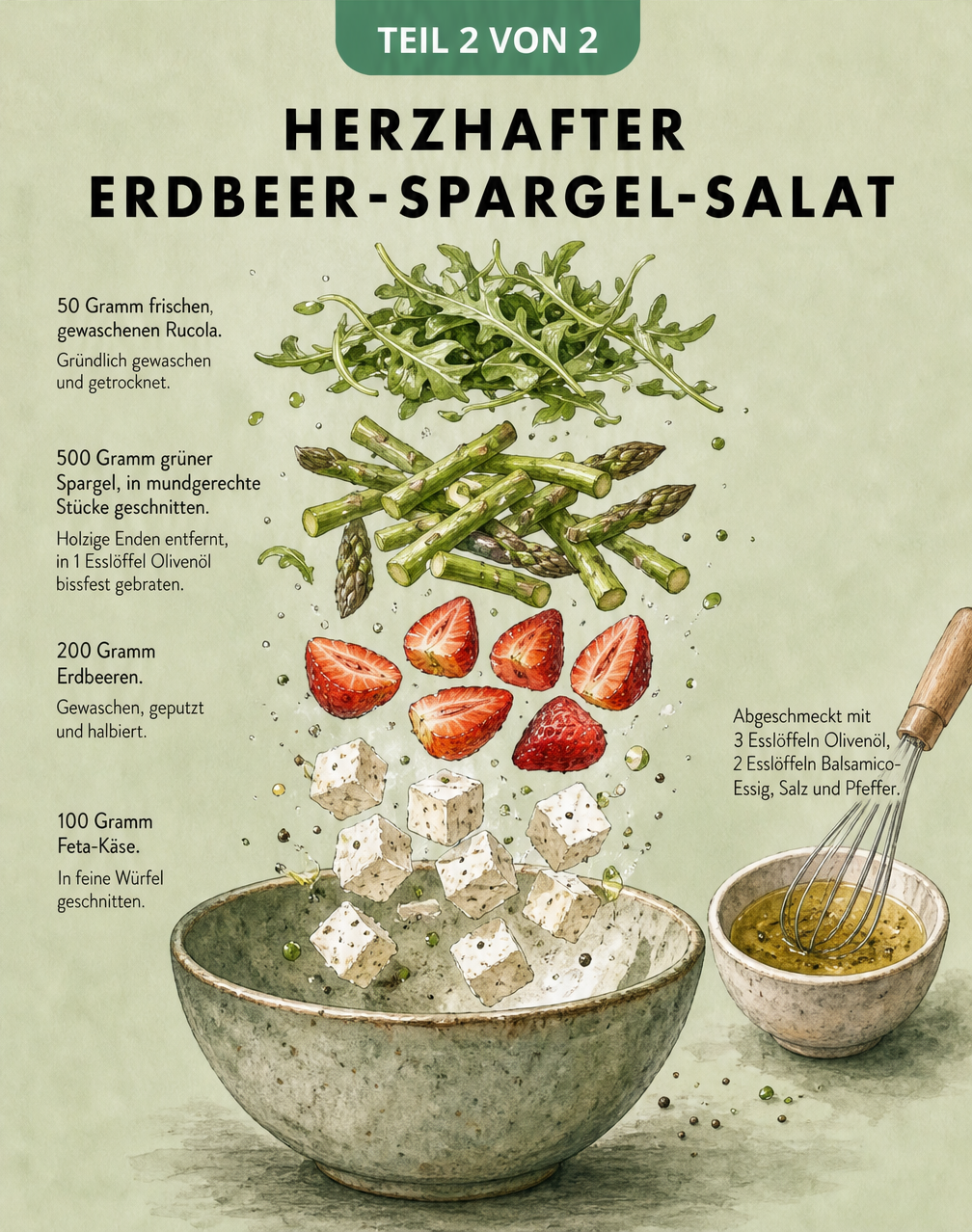 Aquarell-Illustration der Zutaten für einen Erdbeer-Spargel-Salat mit Rucola, grünem Spargel, Erdbeeren, Feta und Dressing