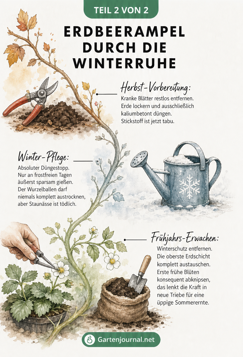 Zeitstrahl zur Pflege einer Erdbeerampel von Herbst bis Frühjahr mit Gartenschere und Gießkanne