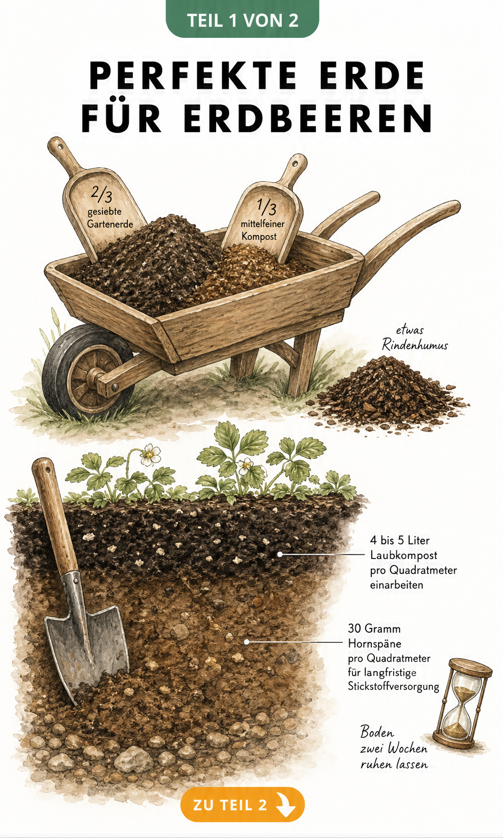 Querschnitt eines Erdbeerbeets mit Schubkarre, die die ideale Bodenmischung aus Gartenerde, Kompost und Rindenhumus zeigt, sowie die Einarbeitung von...