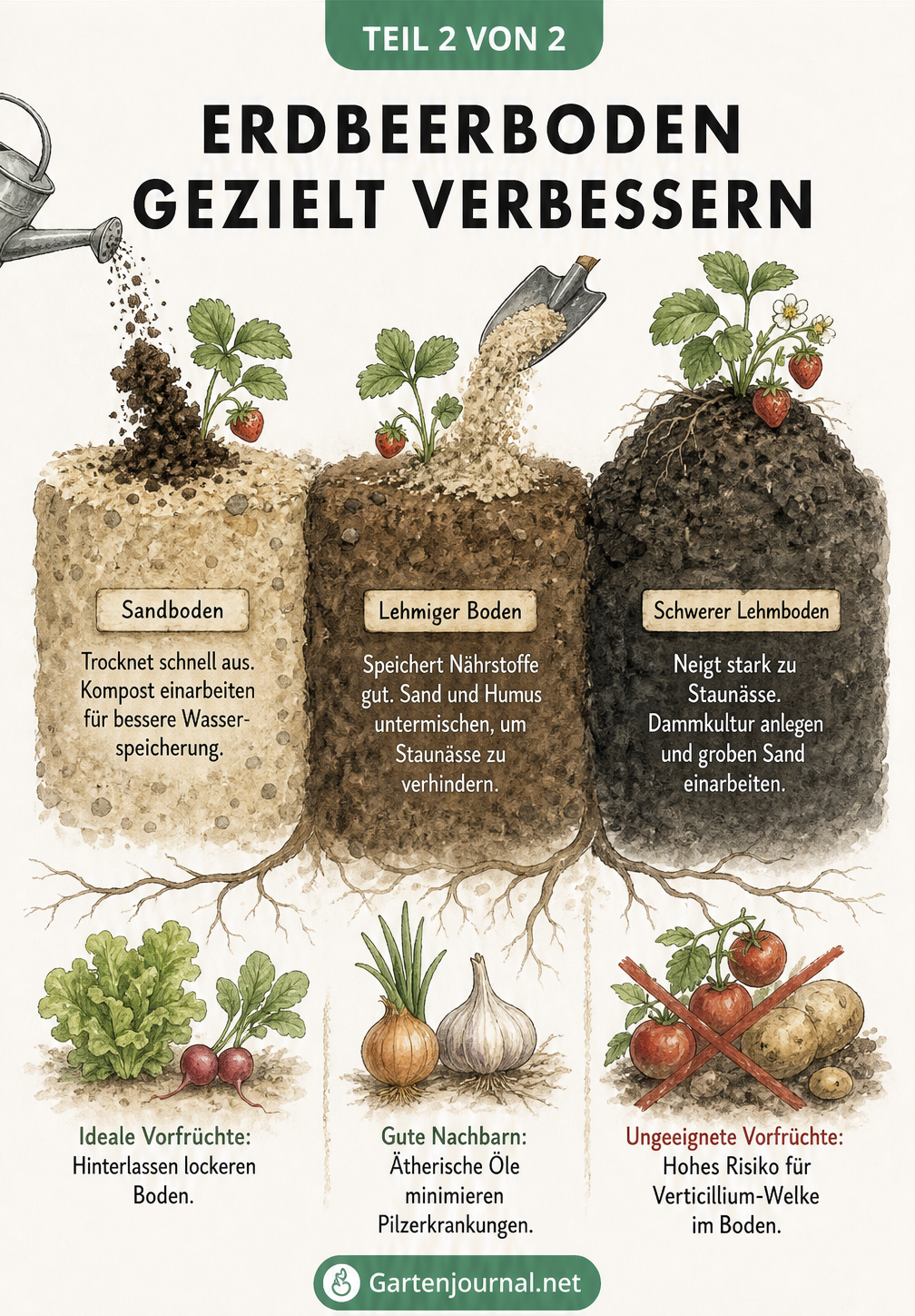 Aquarell-Illustration von drei Bodentypen für Erdbeeren: Sandboden, lehmiger Boden und schwerer Lehmboden mit passenden Verbesserungsmaßnahmen
