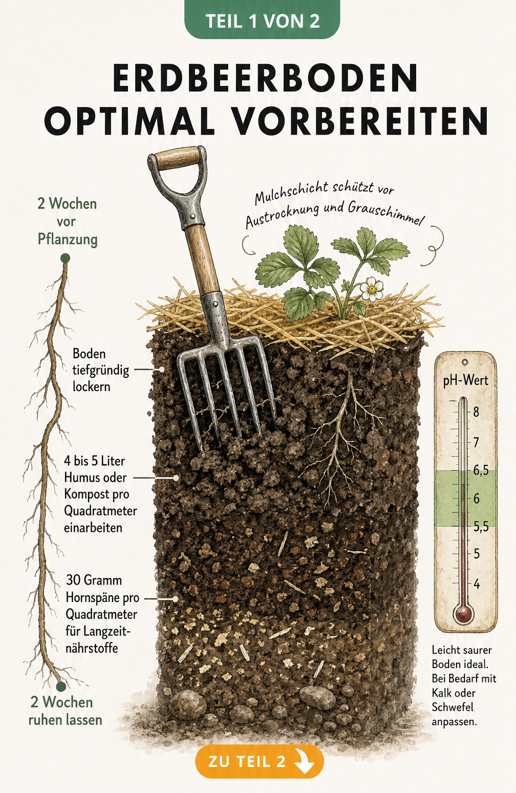 Illustration eines Bodenquerschnitts zur Vorbereitung eines Erdbeerbeets mit Zeitstrahl und pH-Wert-Skala