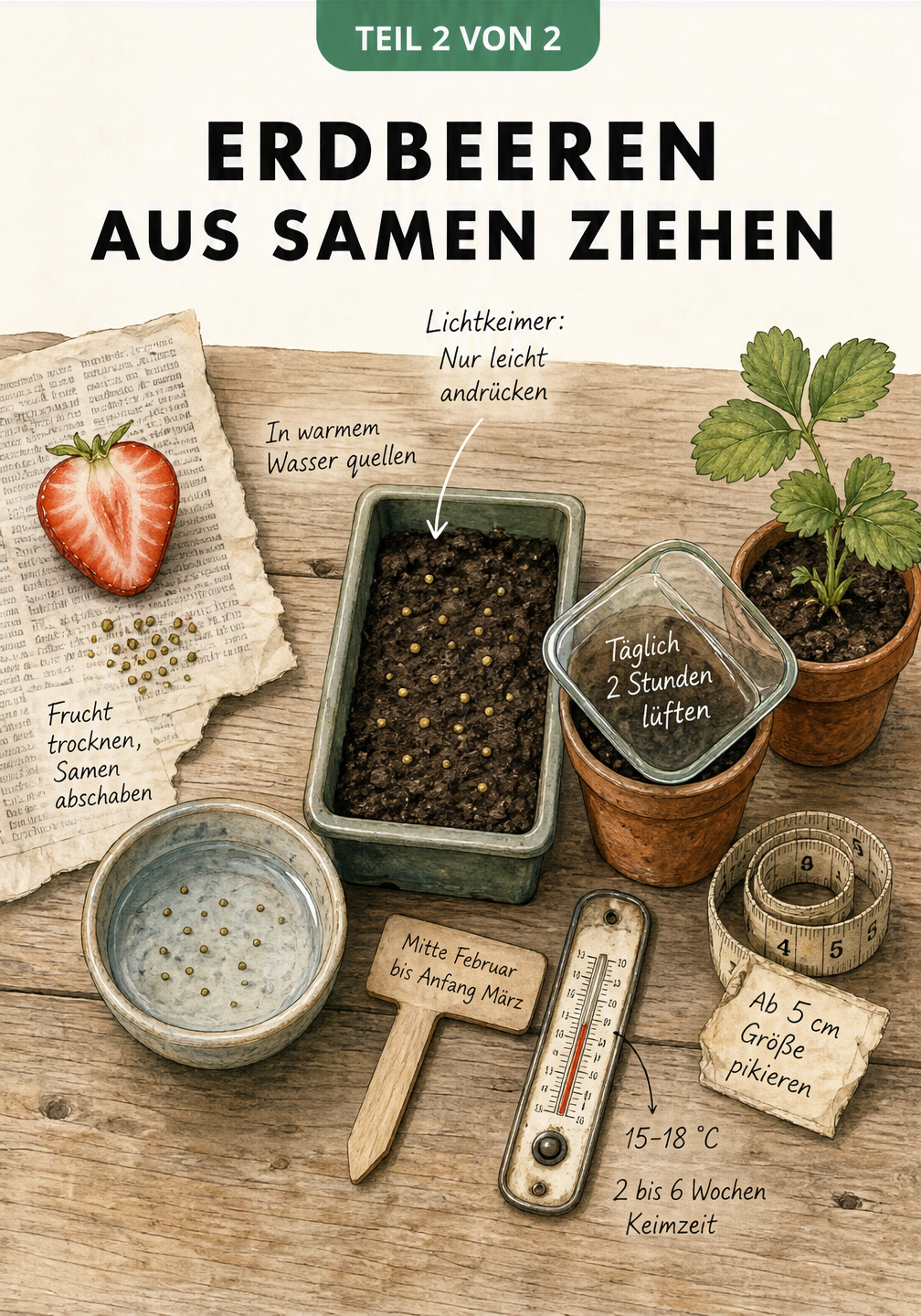Illustration eines Pflanztisches: Erdbeeren aus Samen ziehen. Von der Frucht bis zum pikierfertigen Keimling.
