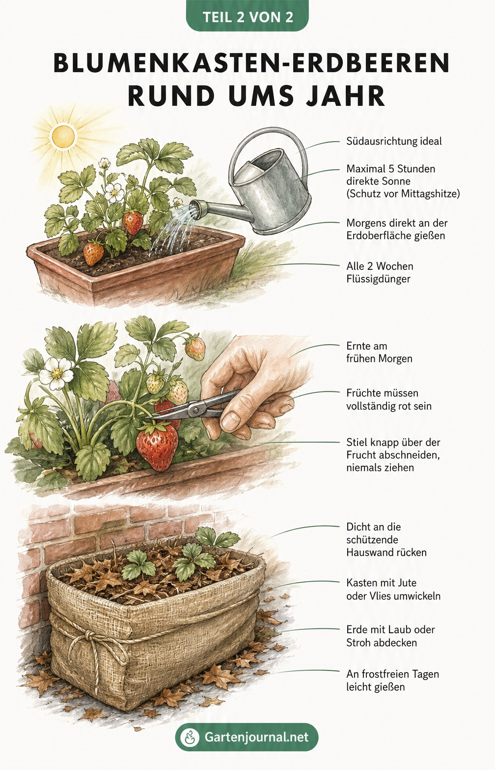 Drei Illustrationen zur Pflege von Erdbeeren im Blumenkasten: Gießen am sonnigen Standort, Ernten der roten Früchte und Überwintern an der Hauswand.