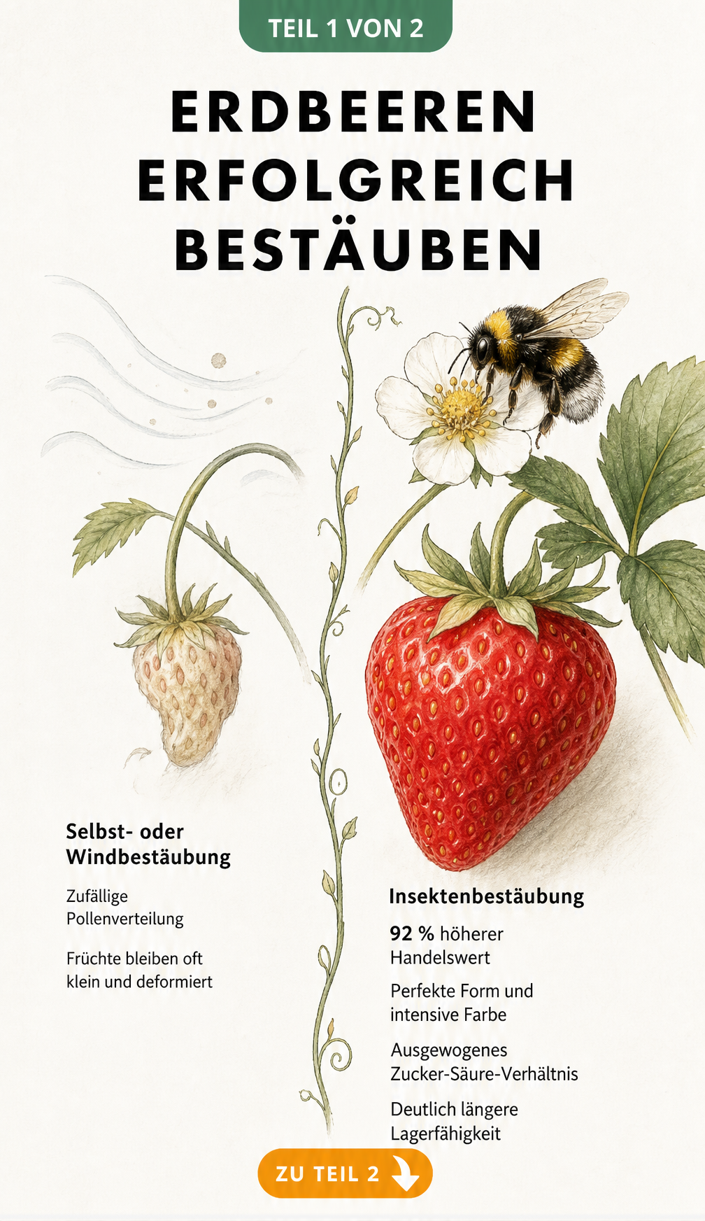 Vergleich einer kleinen, deformierten Erdbeere durch Windbestäubung mit einer großen, perfekten Erdbeere durch Insektenbestäubung