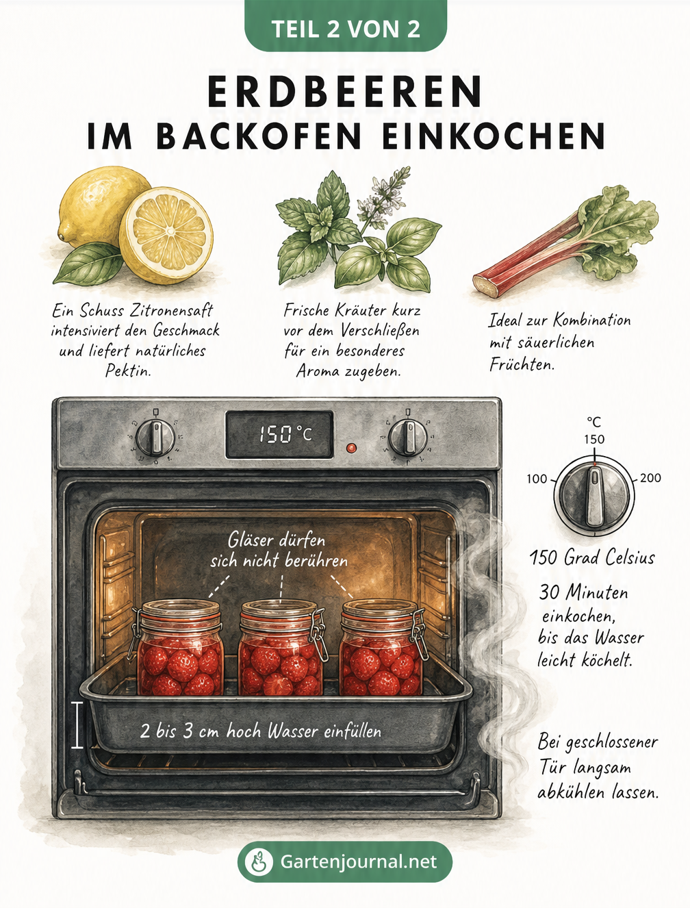 Illustration eines Backofens mit Einmachgläsern in einer Fettpfanne und botanischen Zeichnungen von Zitrone, Minze und Rhabarber