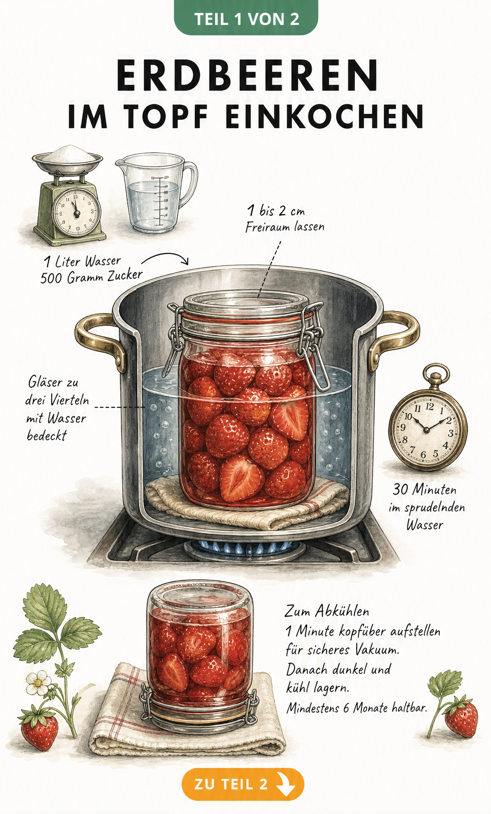 Illustration eines Kochtopfs auf einer Herdplatte mit Einmachglas, Waage und Uhr zum Einkochen von Erdbeeren