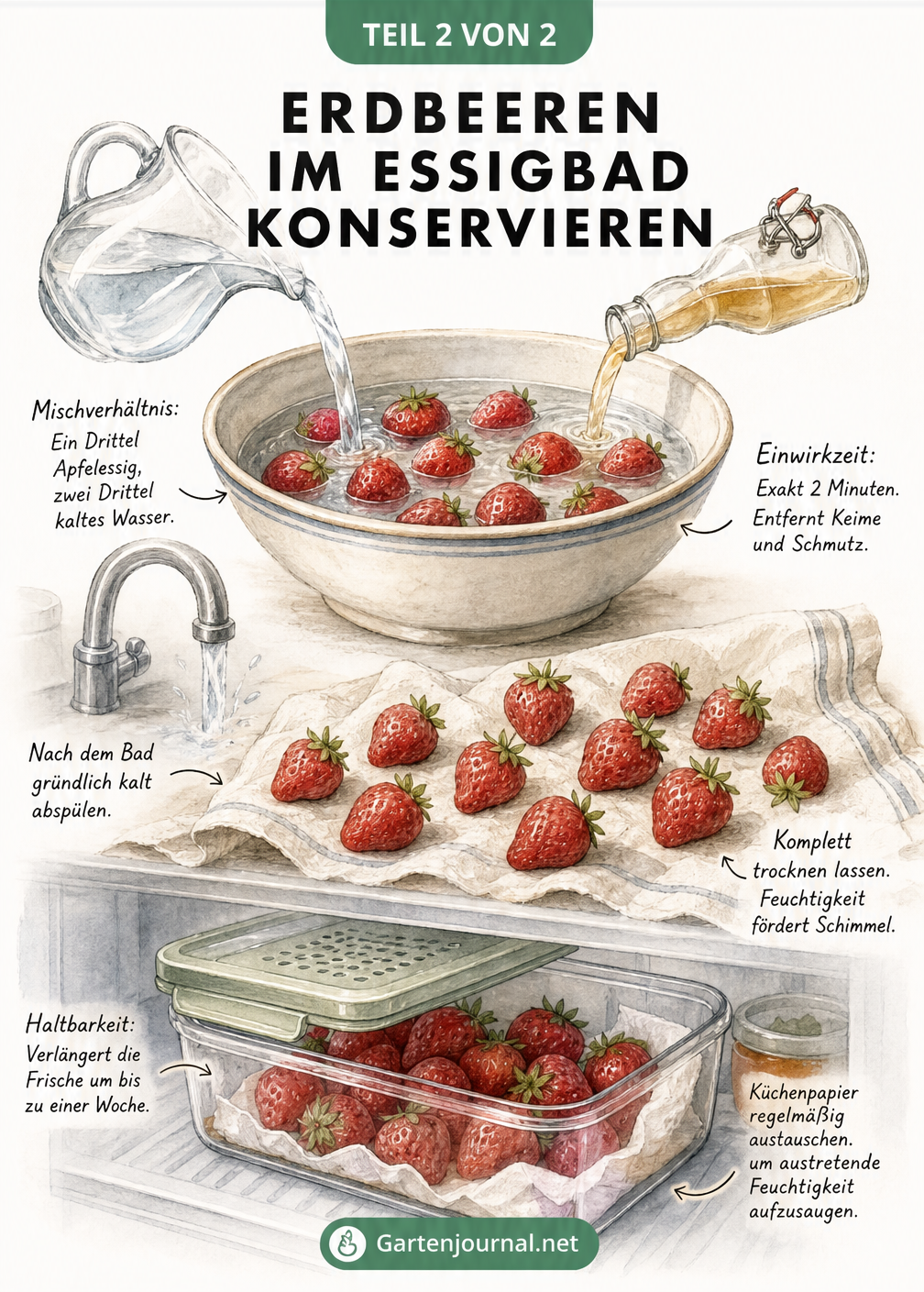 Illustration des Prozesses, Erdbeeren in einem Essig-Wasser-Bad zu waschen, zu trocknen und im Kühlschrank zu lagern