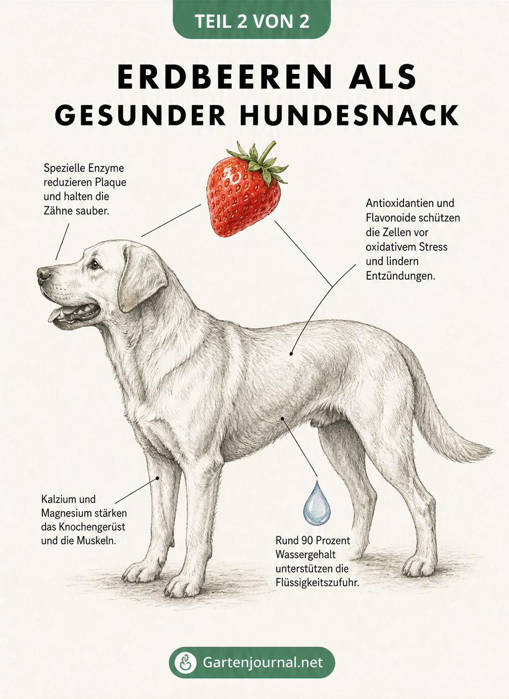 Zeichnung eines Hundes mit Linien zu Körperregionen, die die gesundheitlichen Vorteile von Erdbeeren zeigen