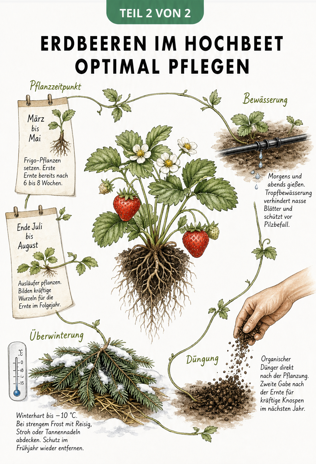 Jahresrad zur Pflege von Erdbeeren im Hochbeet mit Tipps zu Pflanzzeitpunkt, Bewässerung, Düngung und Überwinterung