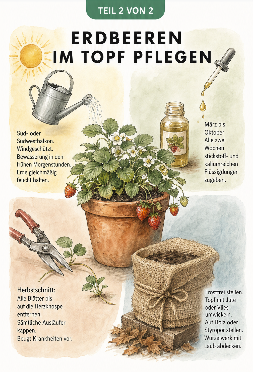 Illustration einer Erdbeerpflanze im Topf, unterteilt in vier Pflegeaspekte: Standort, Düngung, Rückschnitt im Herbst und Überwinterung.