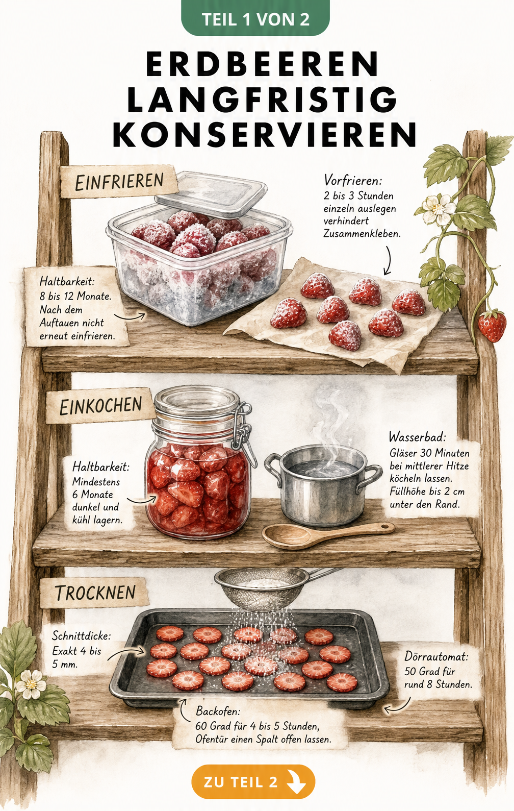 Illustration eines Holzregals mit Methoden zum Konservieren von Erdbeeren: Einfrieren, Einkochen und Trocknen