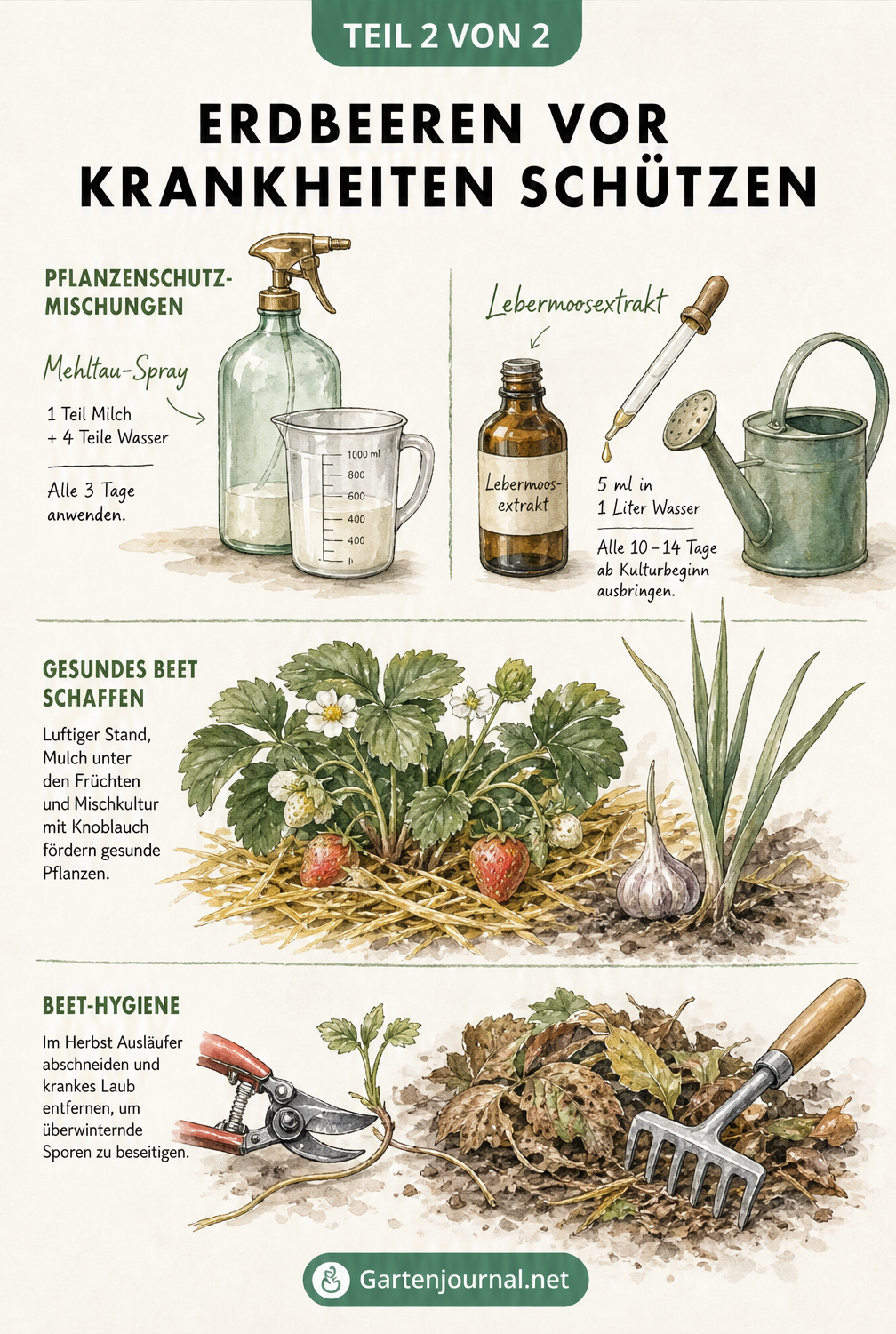 Illustration von Pflanzenschutz-Mischungen, einem gemulchten Erdbeerbeet mit Knoblauch und Beet-Hygiene im Herbst