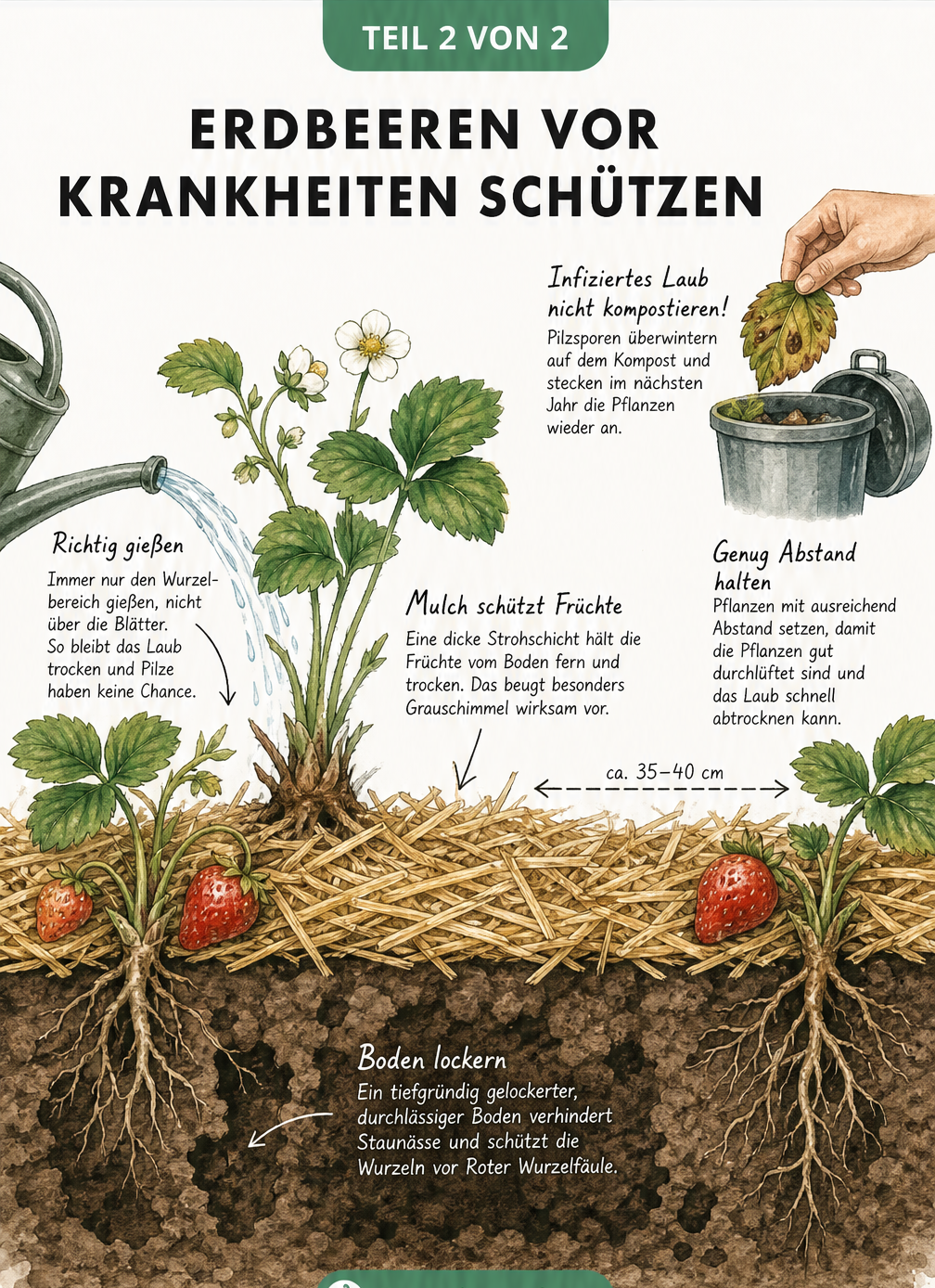 Illustration eines Erdbeerbeets im Querschnitt mit Strohmulch, gelockertem Boden, richtigem Gießen am Wurzelhals und korrektem Pflanzabstand zur Vorbeugung von...