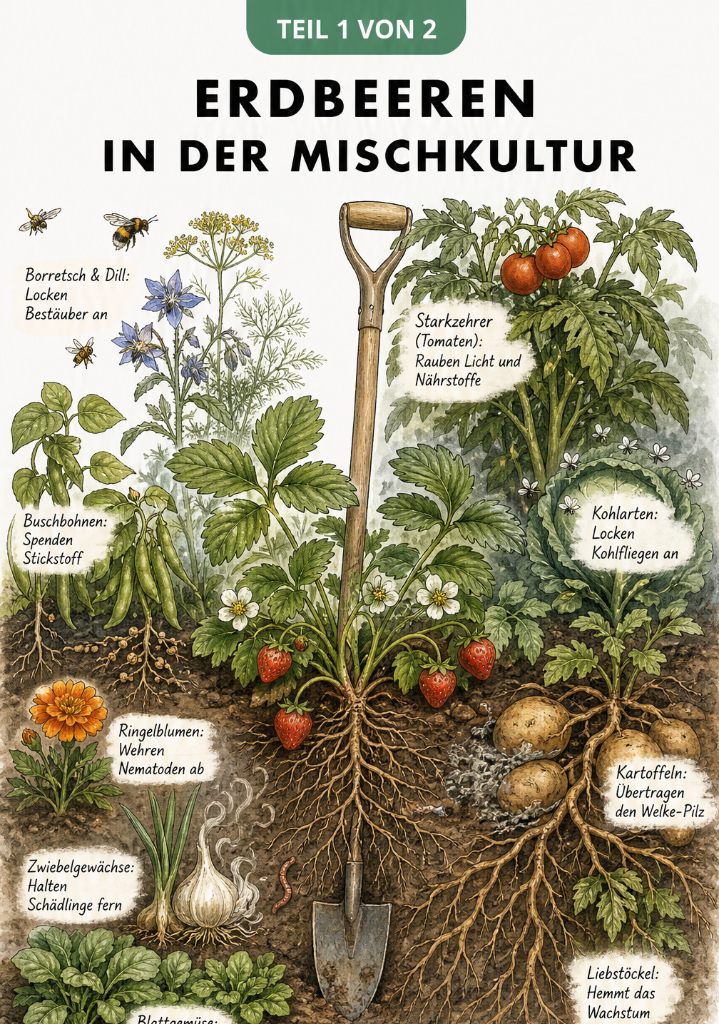 Illustration einer Erdbeerpflanze im Querschnitt mit guten Nachbarn wie Buschbohnen und Ringelblumen auf der linken Seite und schlechten Nachbarn wie Tomaten...