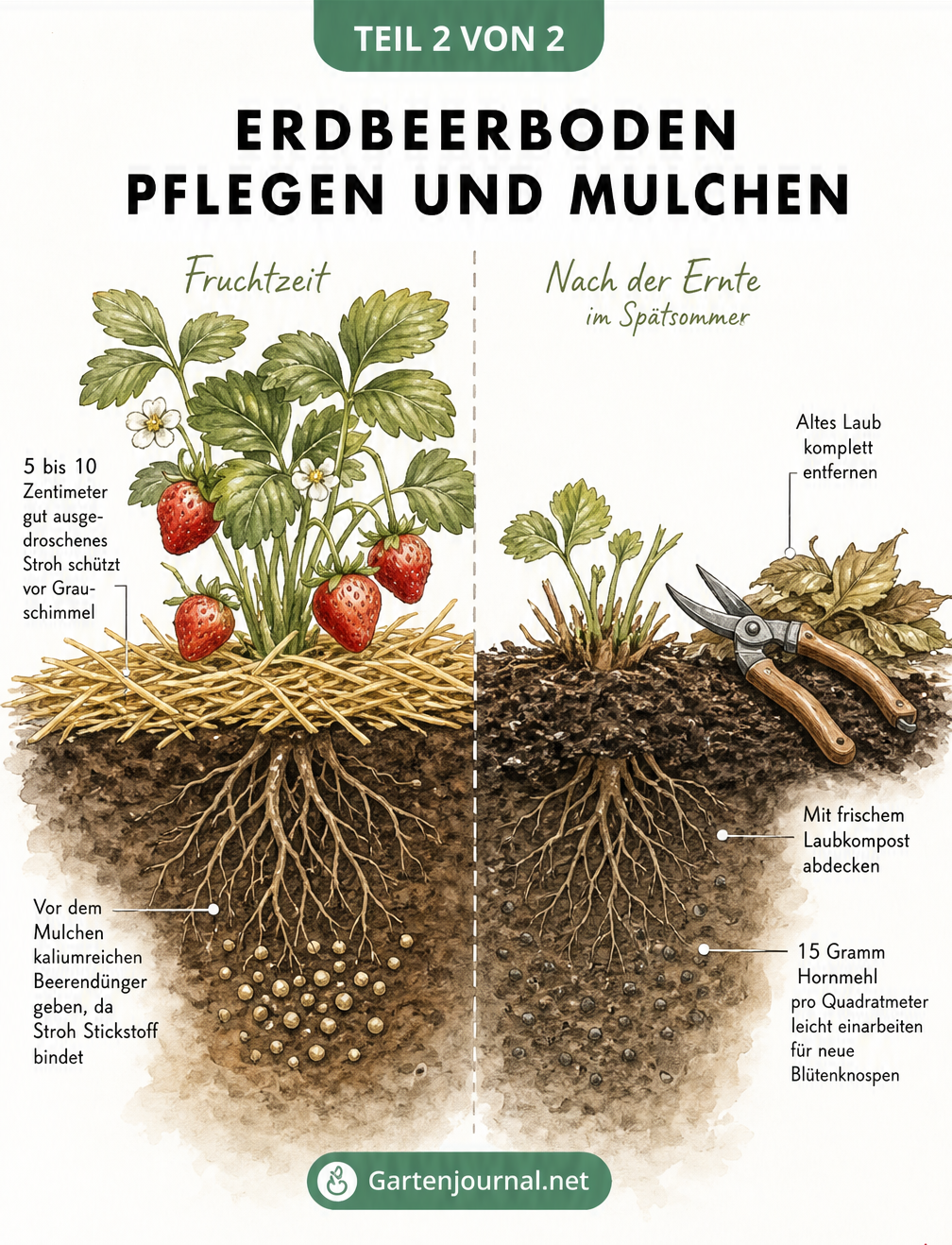 Vorher-Nachher-Querschnitt einer Erdbeerpflanze zur Fruchtzeit mit Strohmulch und nach der Ernte mit zurückgeschnittenem Laub, Laubkompost und Hornmehl.