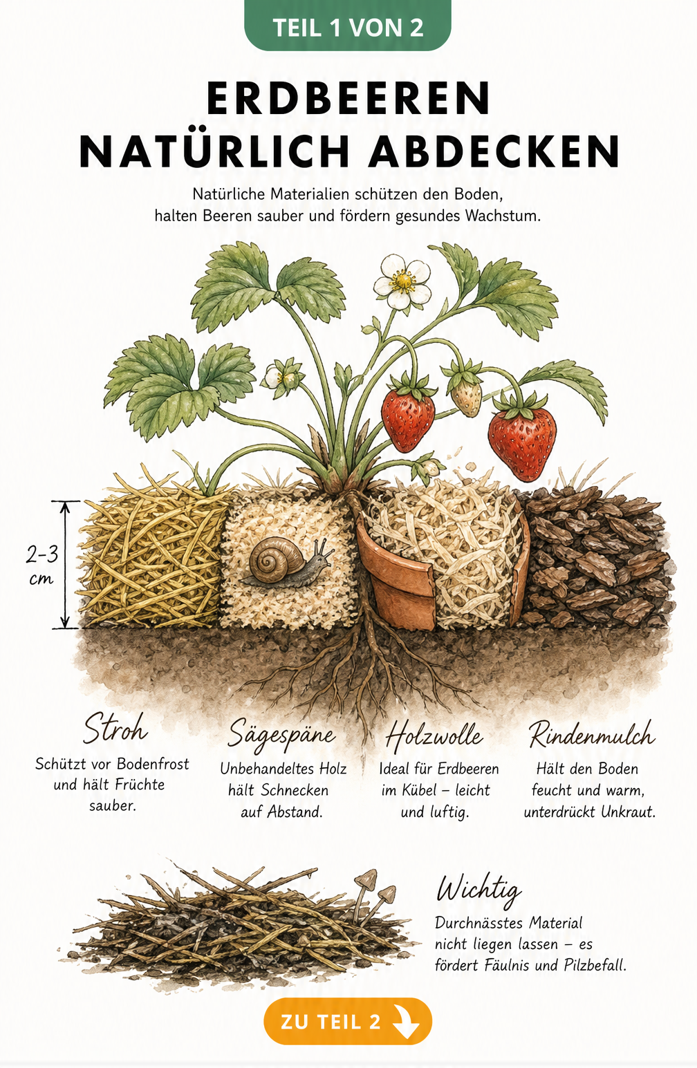 Botanische Schnittzeichnung einer Erdbeerpflanze mit vier verschiedenen Mulchmaterialien: Stroh, Sägespäne, Holzwolle und Rindenmulch.
