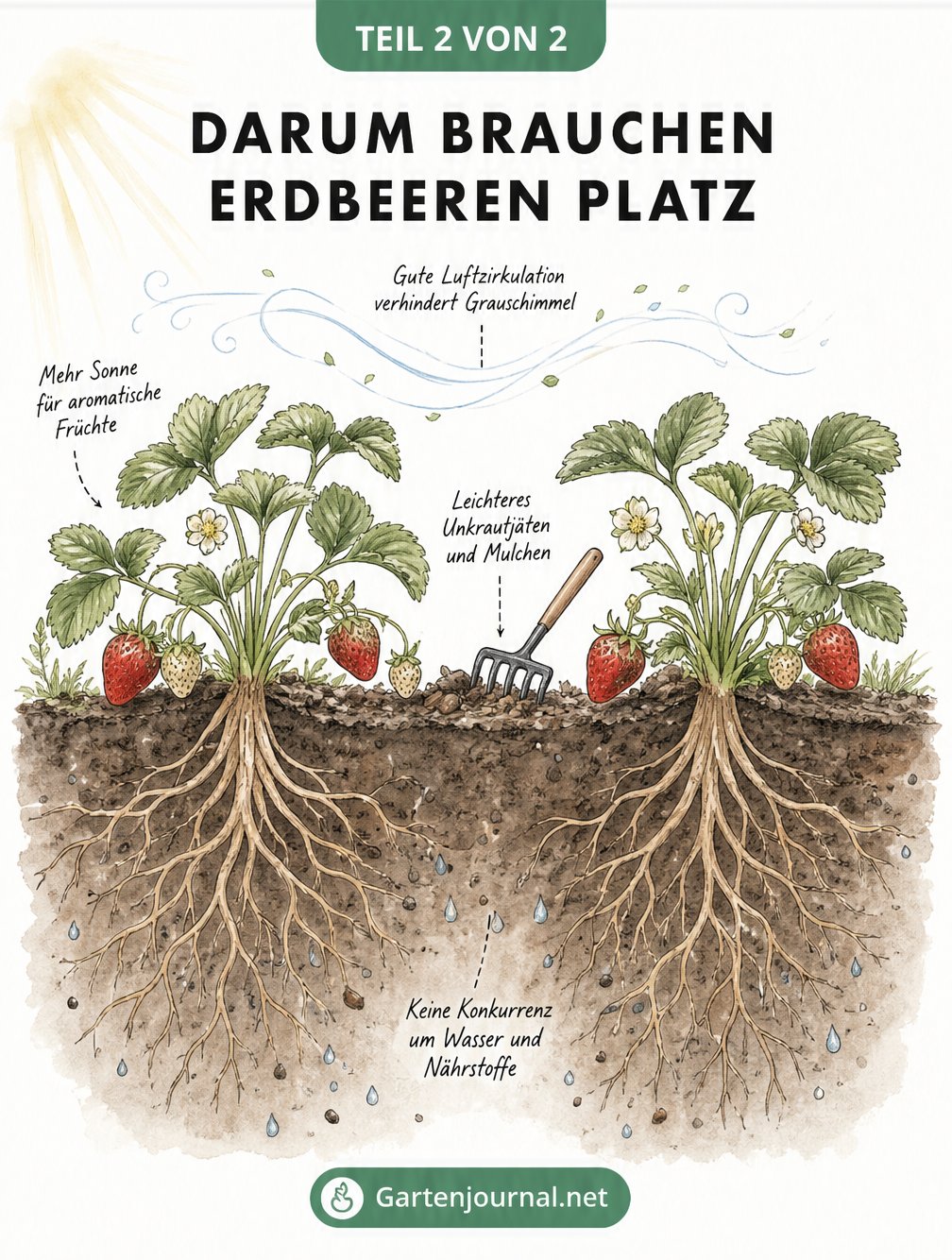 Querschnitt eines Erdbeerbeets zeigt die Vorteile von ausreichendem Pflanzabstand für Wurzeln und Luftzirkulation