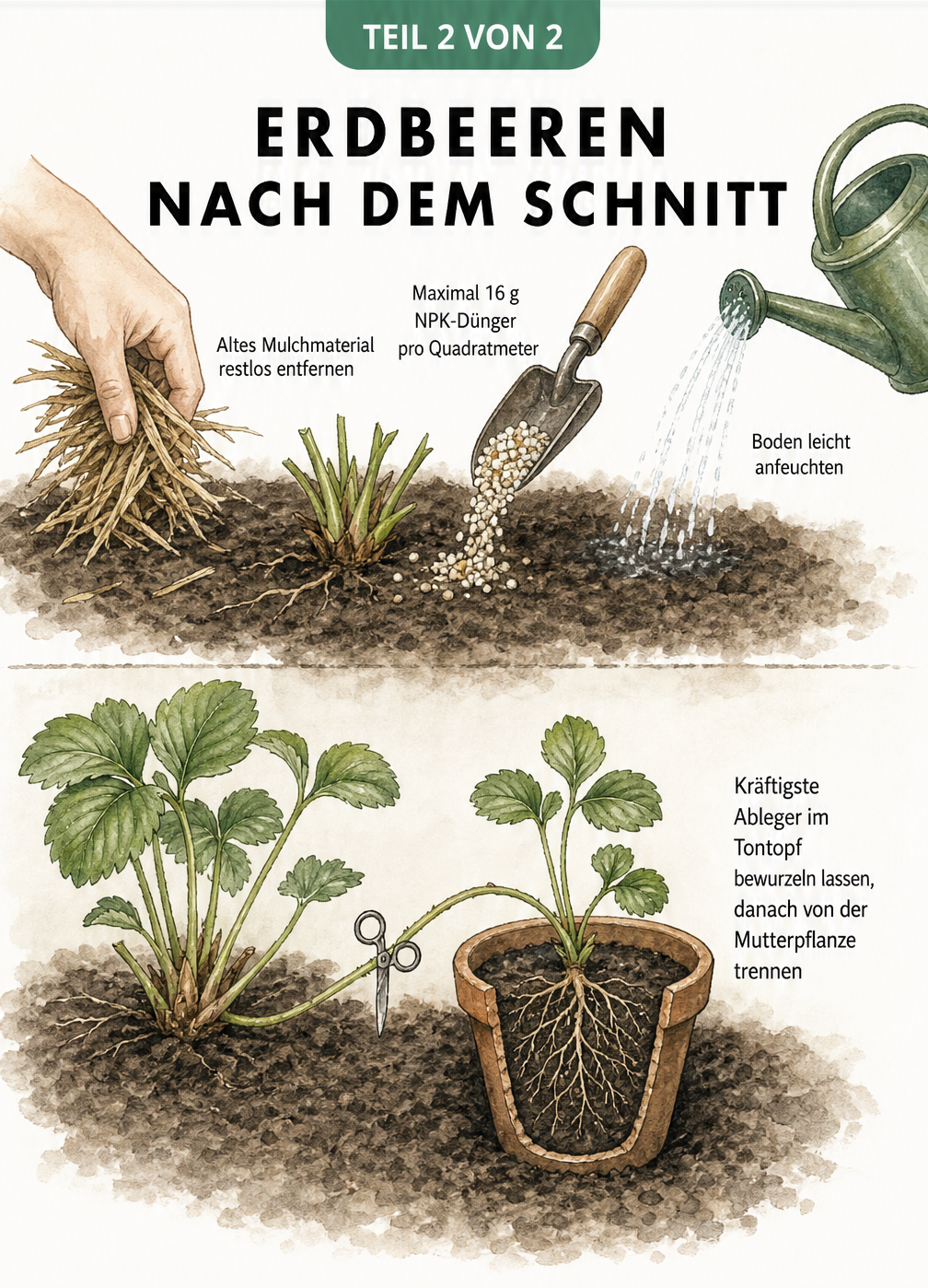Illustration zur Pflege von Erdbeeren nach dem Schnitt mit Hinweisen zum Entfernen von Mulch, Düngen, Wässern und der Vermehrung durch Ableger im Tontopf.