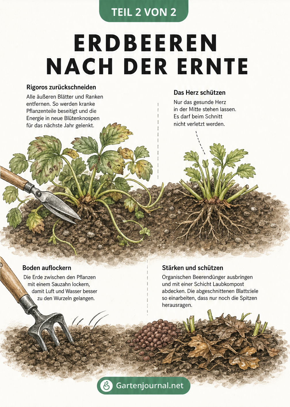 Illustration einer ungeschnittenen und einer frisch geschnittenen Erdbeerstaude mit Gartenschere und Bodenbearbeitung