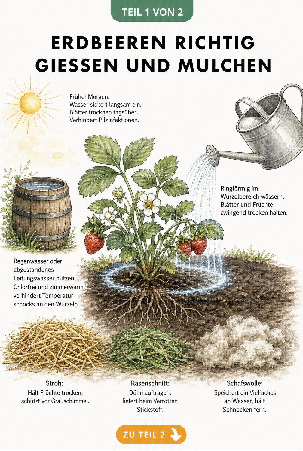 Querschnitt einer Erdbeerpflanze mit Tipps zum richtigen Gießen am Morgen, der ringförmigen Bewässerung und verschiedenen Mulch-Materialien wie Stroh und...