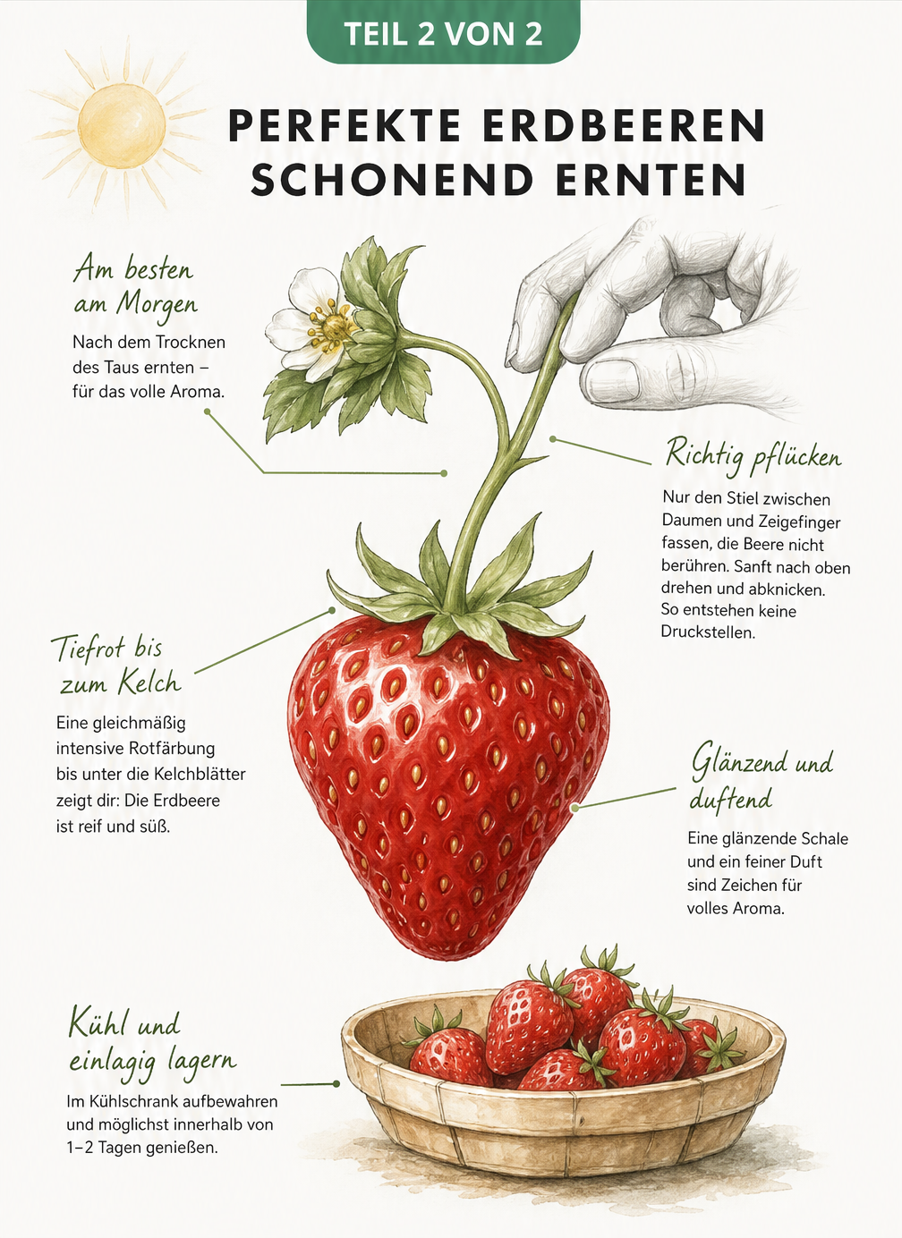 Illustration einer reifen Erdbeere mit Hinweisen zur schonenden Ernte: am Stiel greifen, sanft abknicken und morgens pflücken.