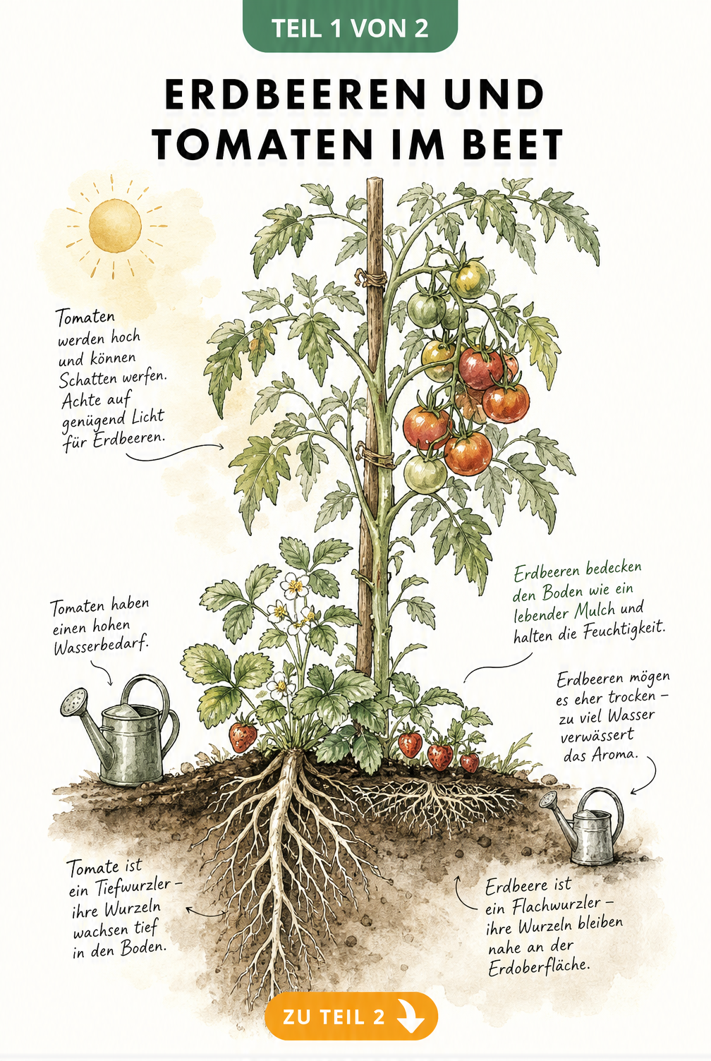 Querschnitt eines Gartenbeets mit einer Tomatenpflanze und einer Erdbeerpflanze, die das Wurzelwerk und den Wasserbedarf zeigt.