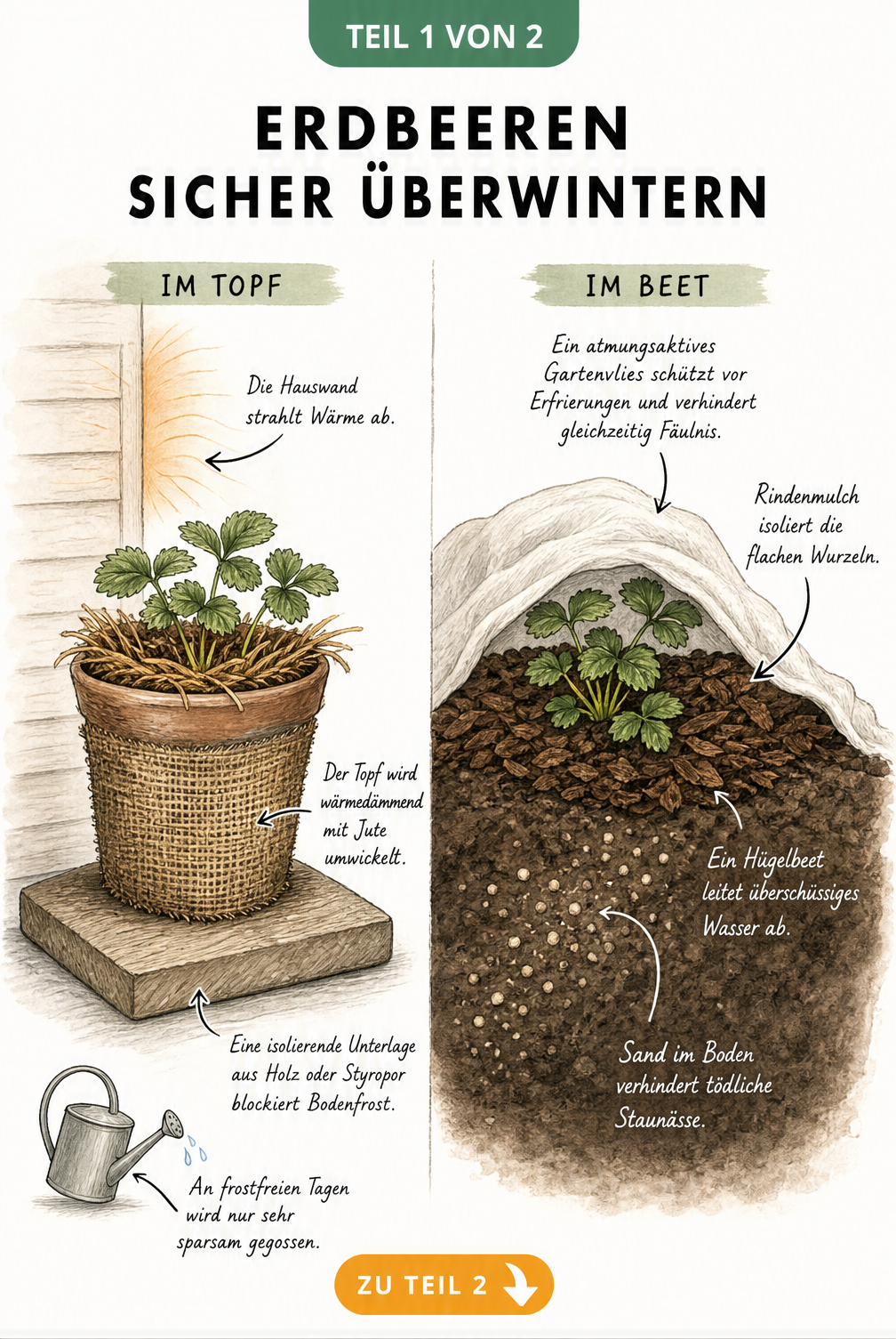 Illustration von Erdbeeren im Topf und im Beet mit Winterschutz-Maßnahmen wie Jute, Stroh und Rindenmulch