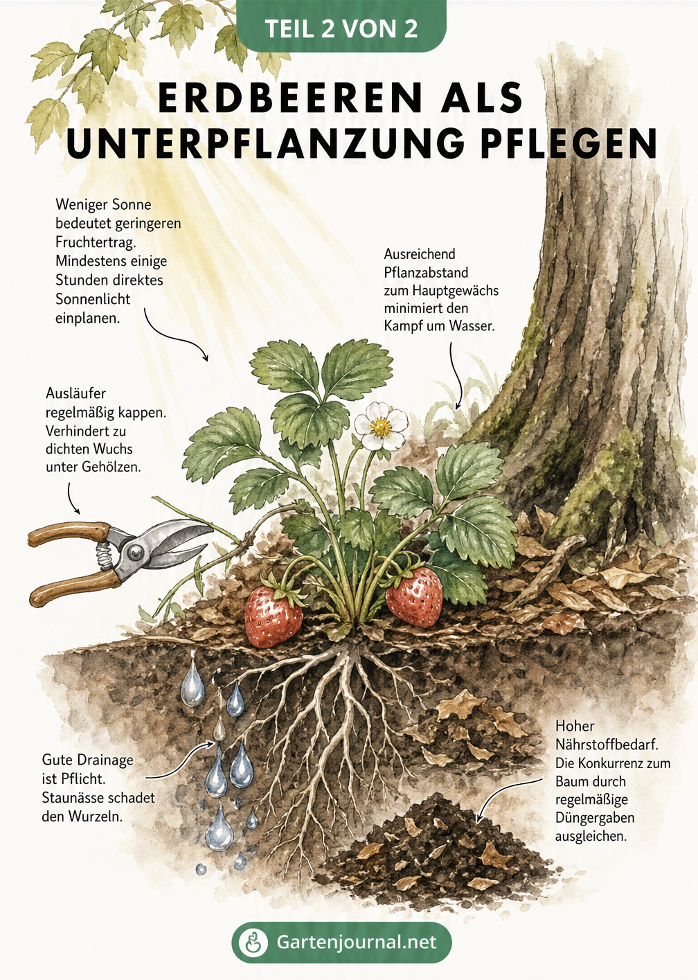 Skizze einer Erdbeerpflanze am Baumstamm, die Pflegeaspekte wie Lichtbedarf, Drainage, Düngung und das Kappen von Ausläufern zeigt.
