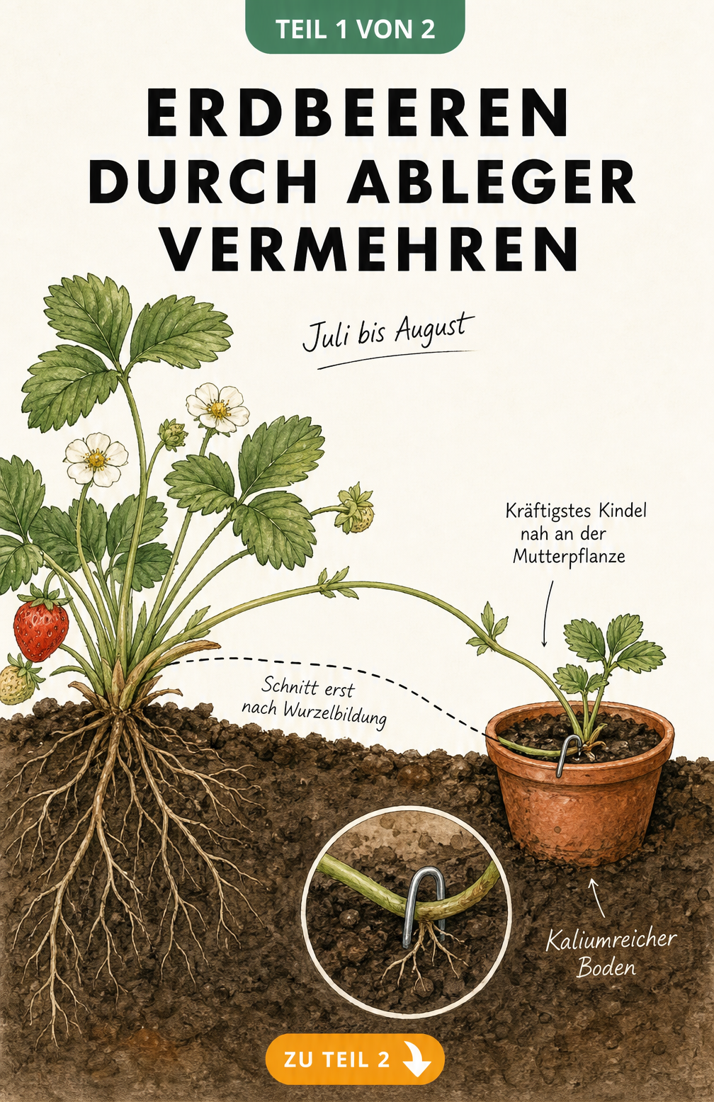 Botanische Illustration: Erdbeeren durch Ableger vermehren. Ein Kindel wird in einem kleinen Topf mit Draht fixiert.