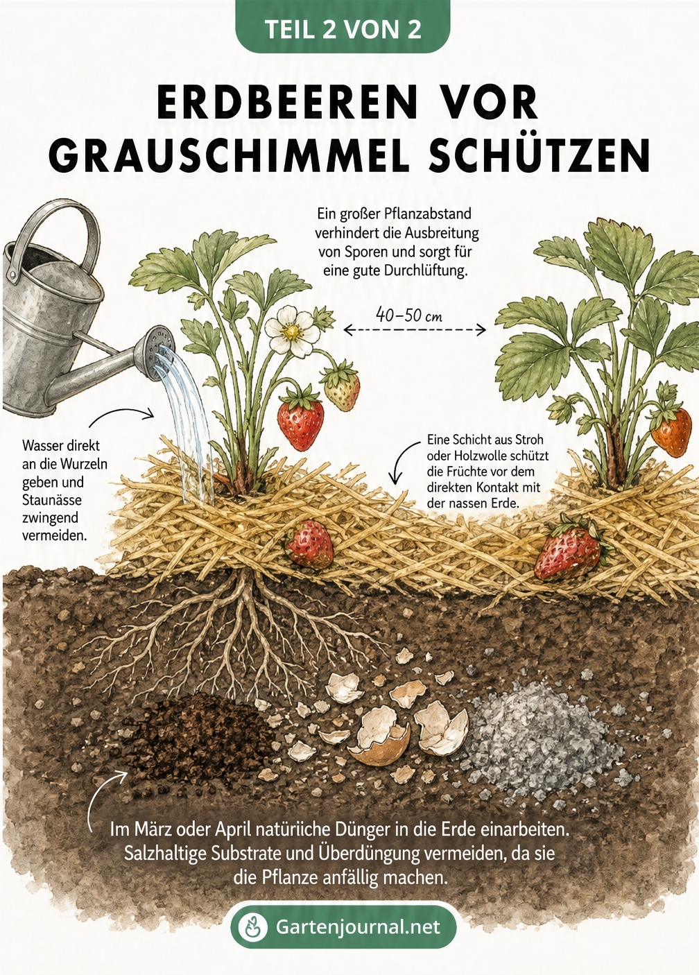 Querschnitt eines Erdbeerbeets mit Tipps zum Schutz vor Grauschimmel durch Pflanzabstand, Stroh und richtiges Gießen