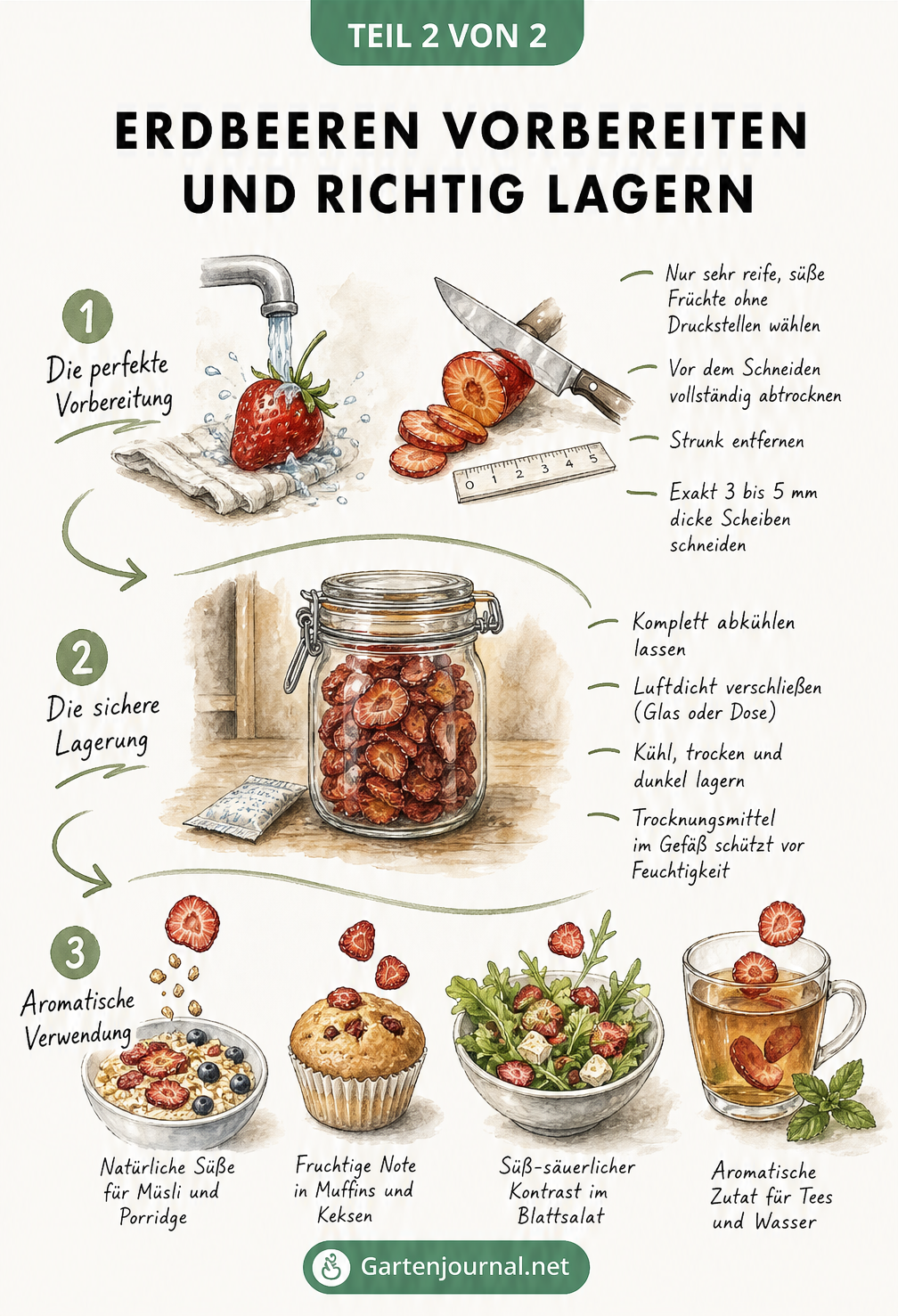 Illustration zur Vorbereitung, Lagerung und Verwendung von getrockneten Erdbeeren.