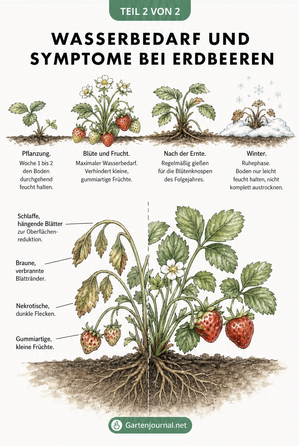 Illustration der Entwicklungsstadien von Erdbeeren und deren Wasserbedarf sowie ein Vergleich von gesunden und kranken Pflanzen bei falscher Bewässerung.